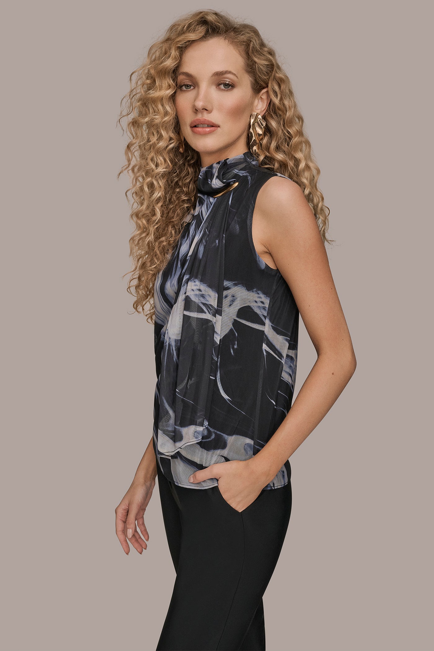 BLACK/VAPOR MULTI TIE-NECK HALTER BLOUSE Donna Karan