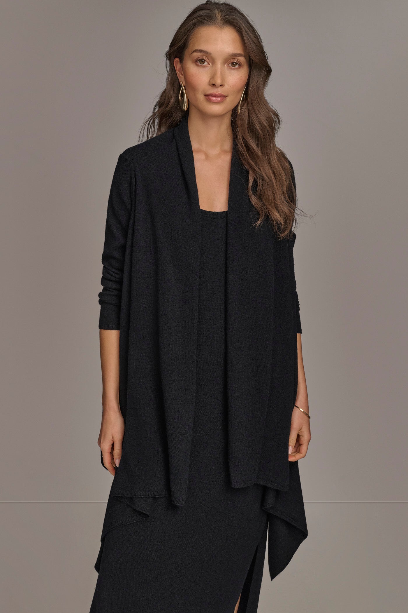 Black CASHMERE LONG SLEEVE CARDIGAN Donna Karan