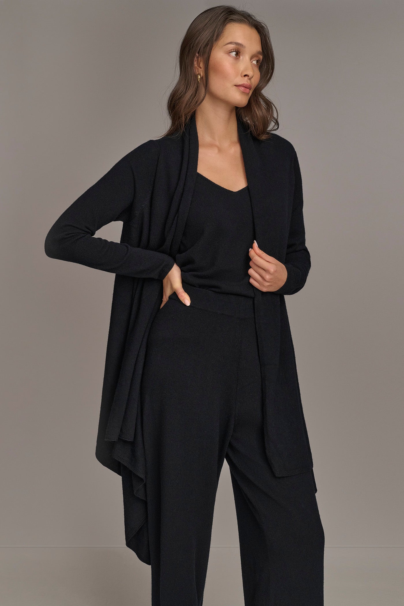 Black CASHMERE LONG SLEEVE CARDIGAN Donna Karan