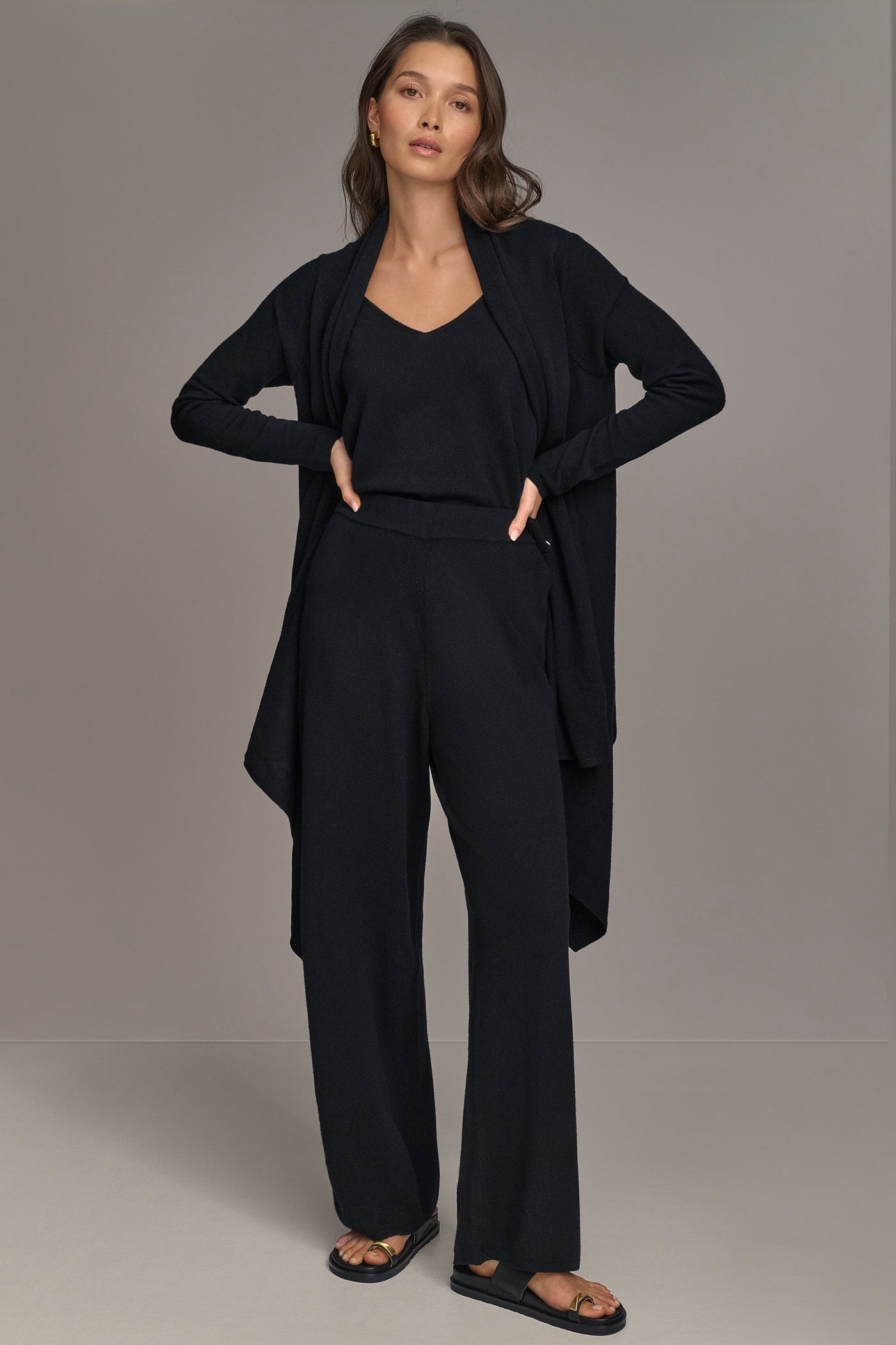 Black CASHMERE LONG SLEEVE CARDIGAN Donna Karan