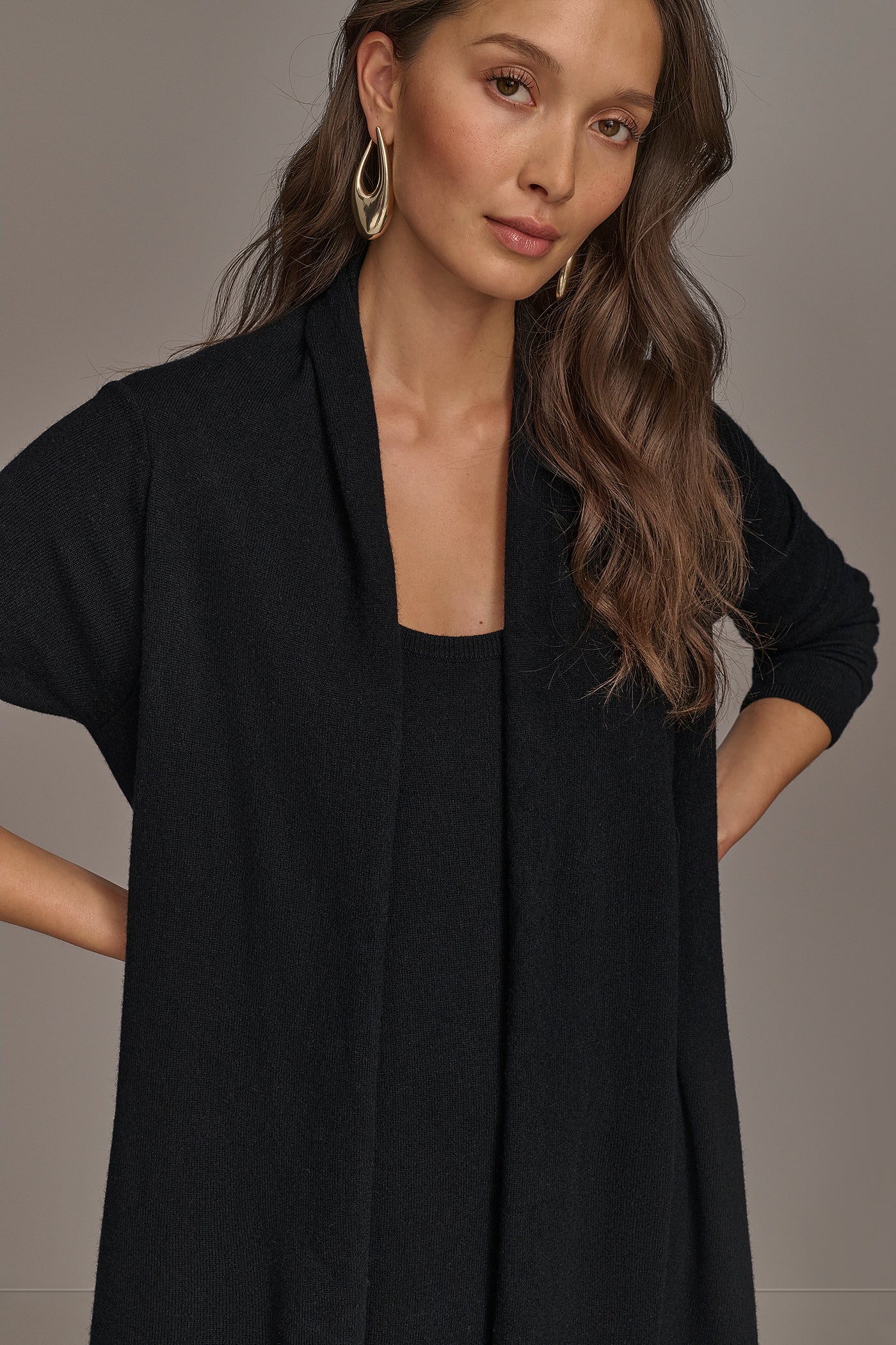 Black CASHMERE LONG SLEEVE CARDIGAN Donna Karan