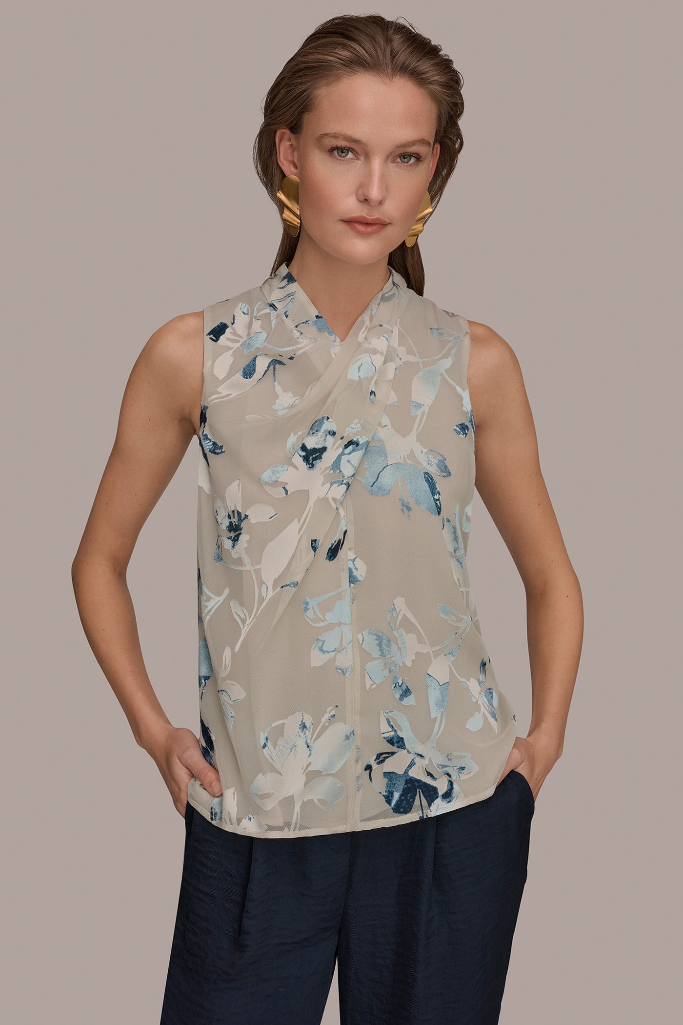Sea Mist Multi FLORAL CRISSCROSS TOP Donna Karan