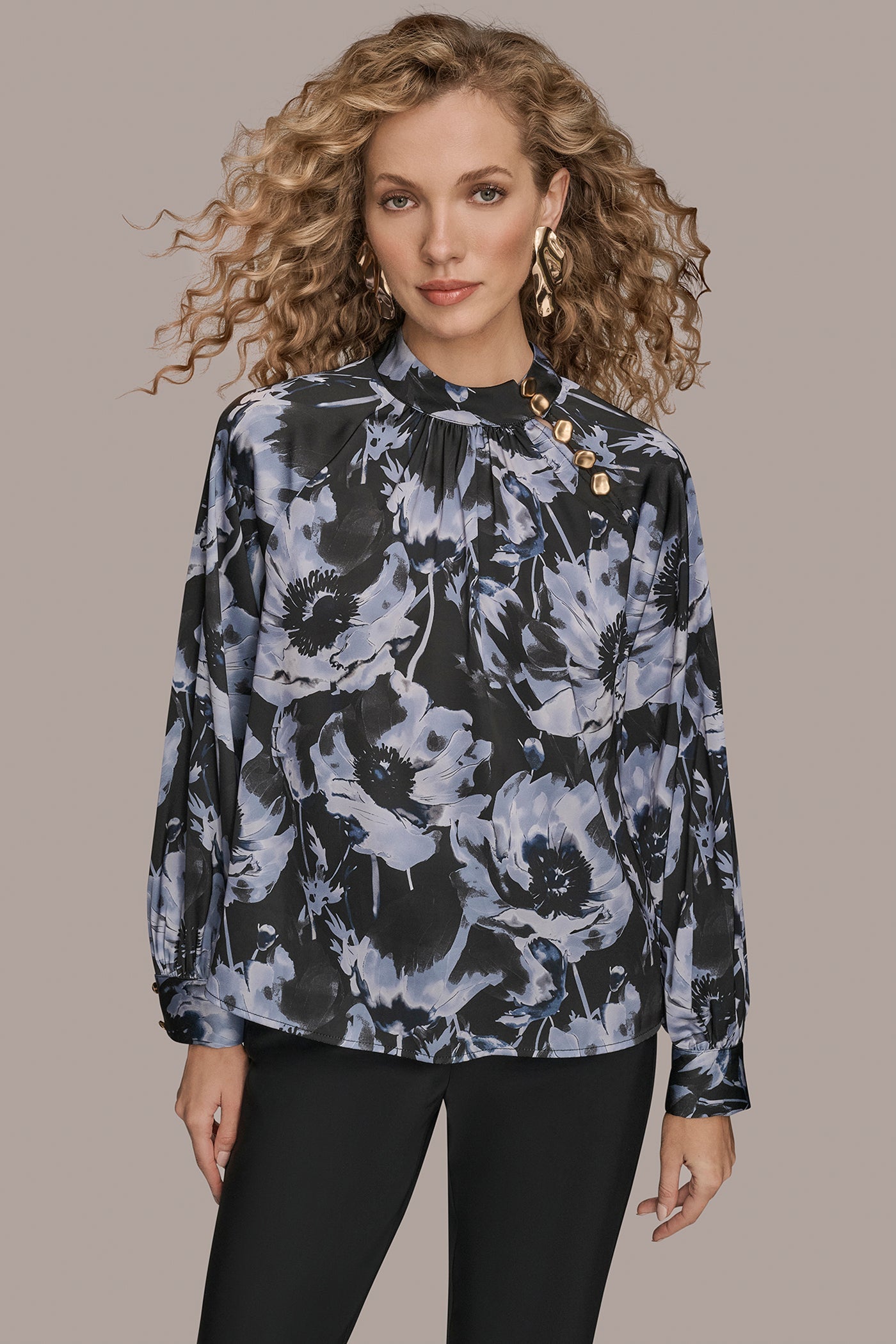 BLACK/TEMPEST BUTTON-NECK BLOUSE Donna Karan
