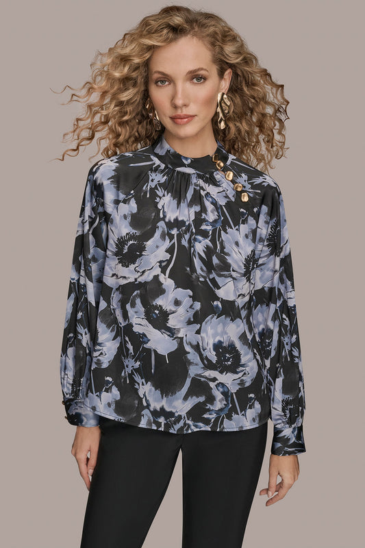 BLACK/TEMPEST BUTTON-NECK BLOUSE Donna Karan