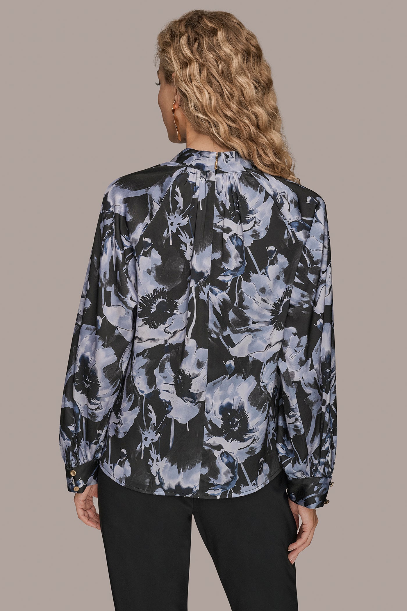 BLACK/TEMPEST BUTTON-NECK BLOUSE Donna Karan
