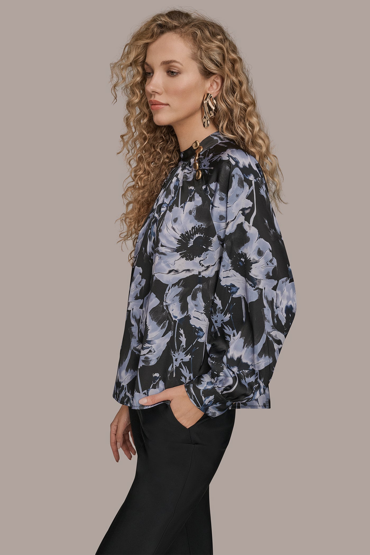 BLACK/TEMPEST BUTTON-NECK BLOUSE Donna Karan