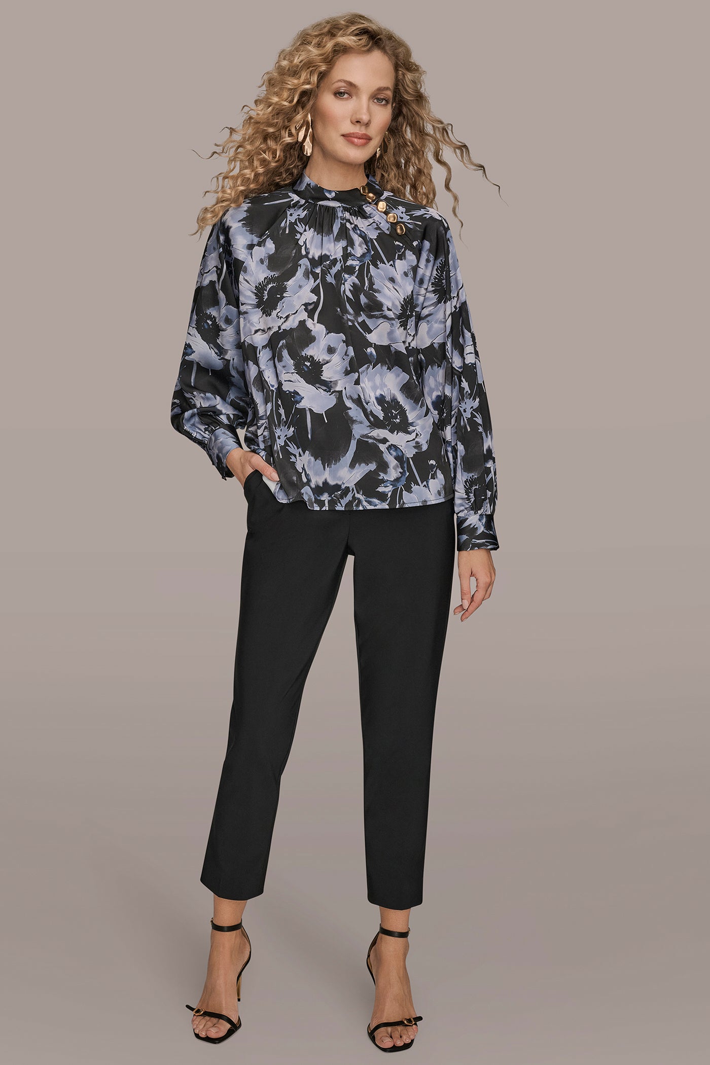 BLACK/TEMPEST BUTTON-NECK BLOUSE Donna Karan