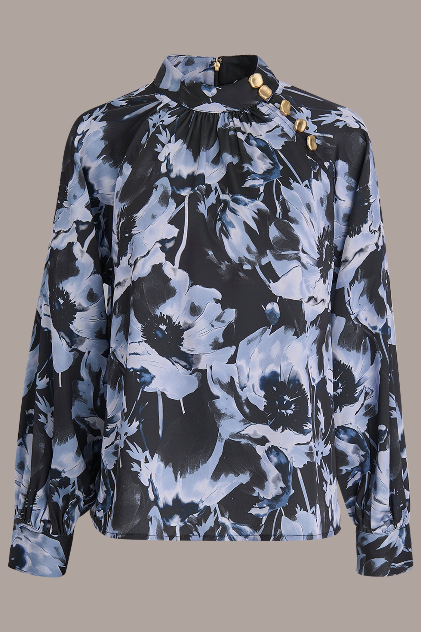 BLACK/TEMPEST BUTTON-NECK BLOUSE Donna Karan