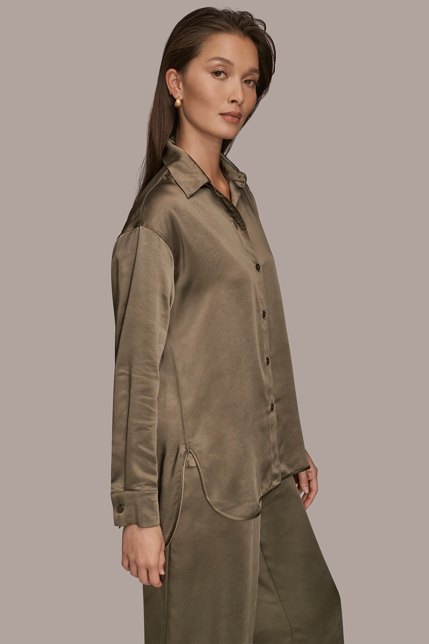 KHAKI GREEN SATIN SHIRT Donna Karan