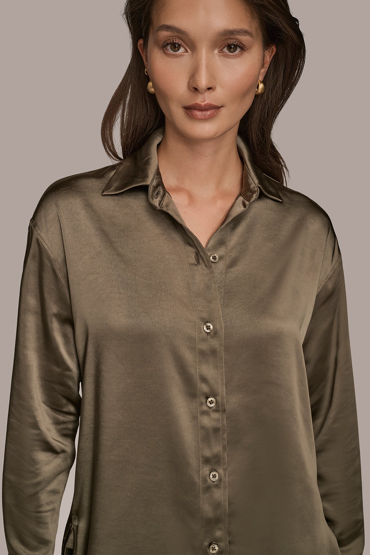 KHAKI GREEN SATIN SHIRT Donna Karan