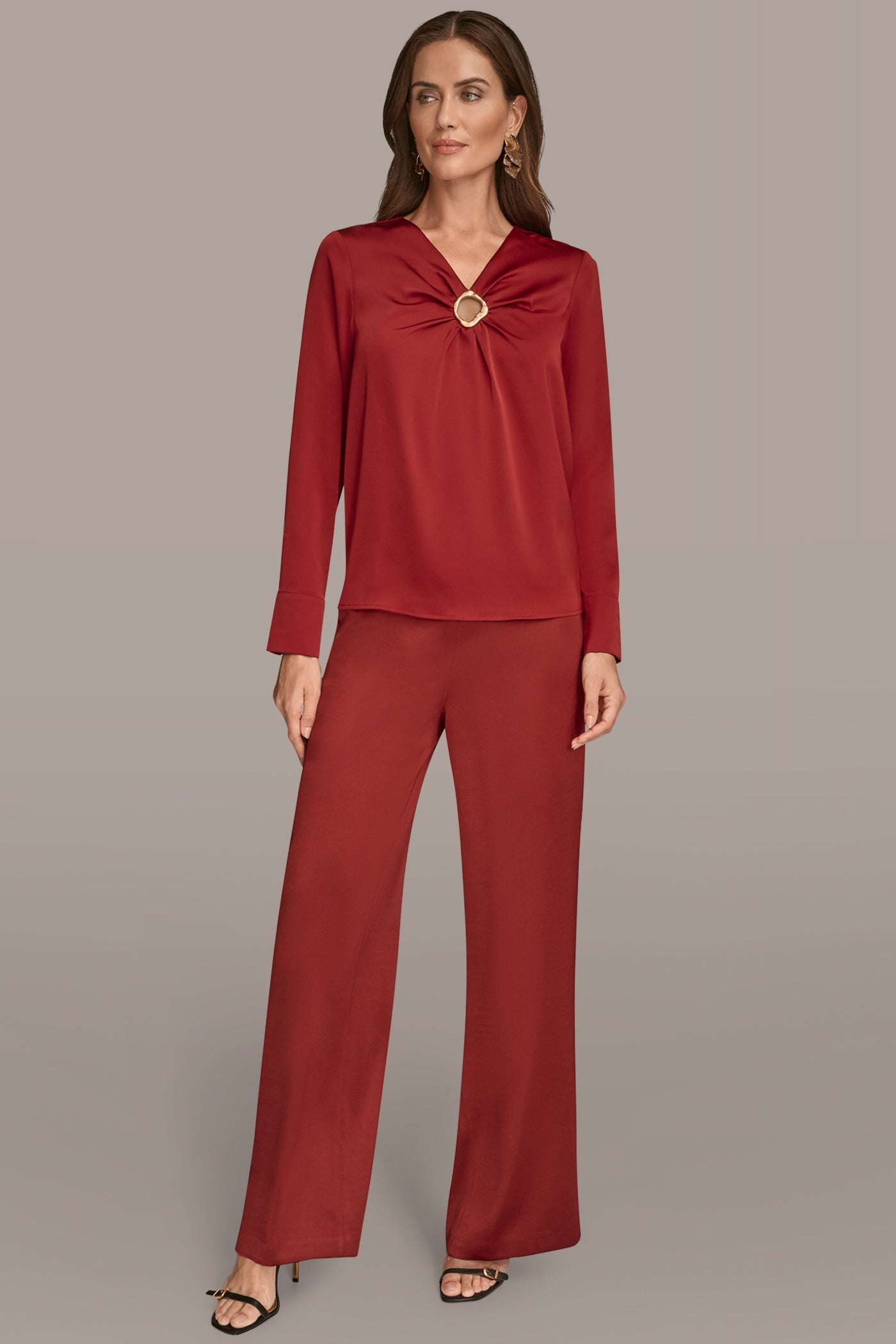 Metropolitan RED LONG SLEEVE RING V-NECK BLOUSE Donna Karan
