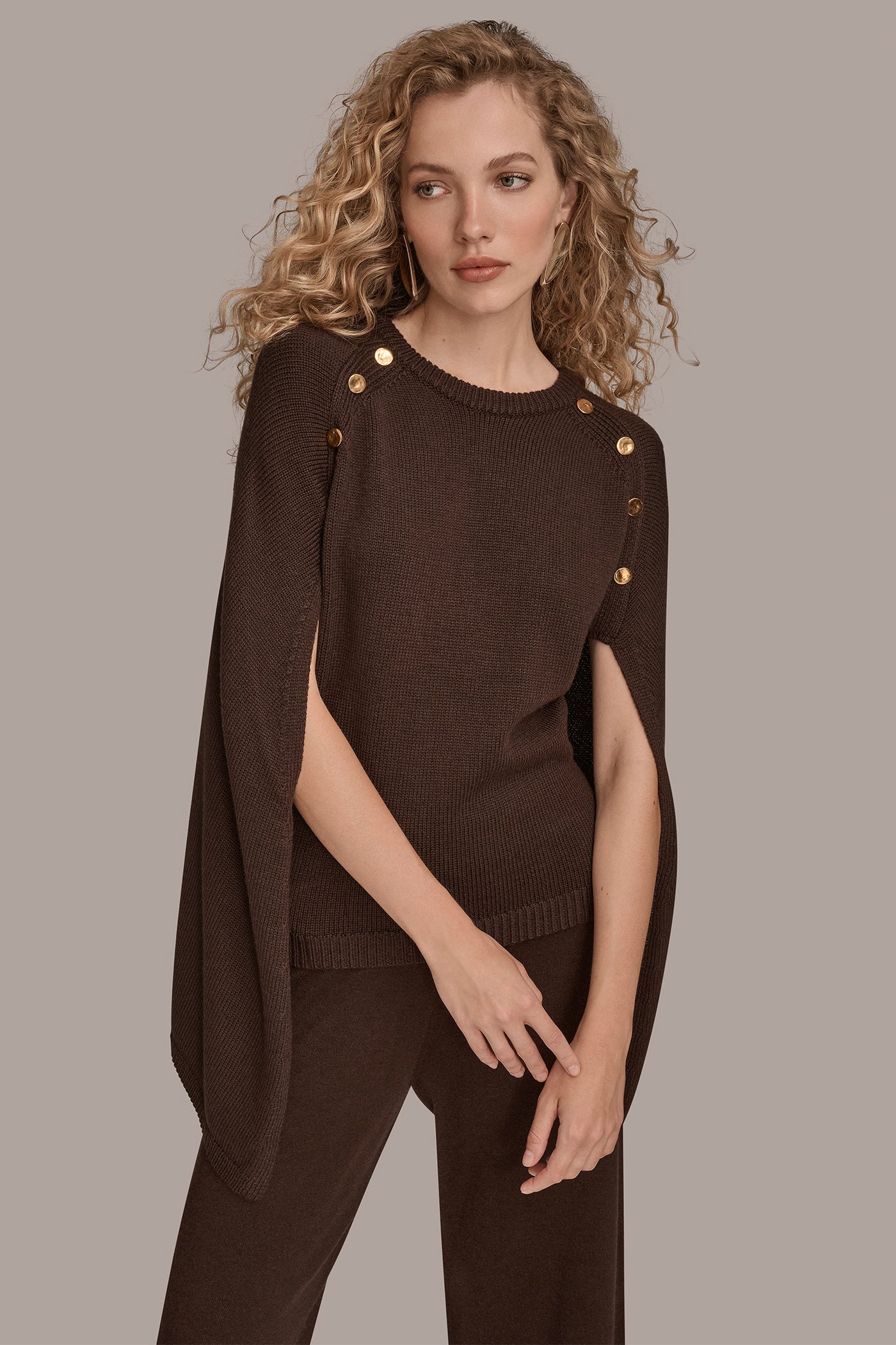 CHOCOLATE PLUM CAPE-EFFECT BUTTON SWEATER Donna Karan