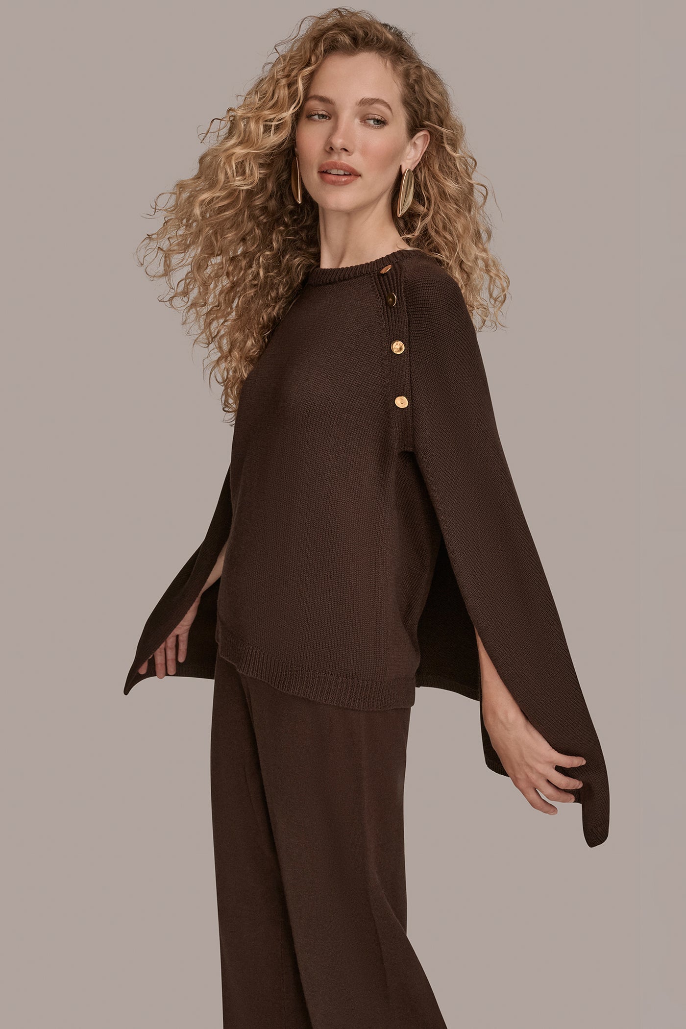 CHOCOLATE PLUM CAPE-EFFECT BUTTON SWEATER Donna Karan