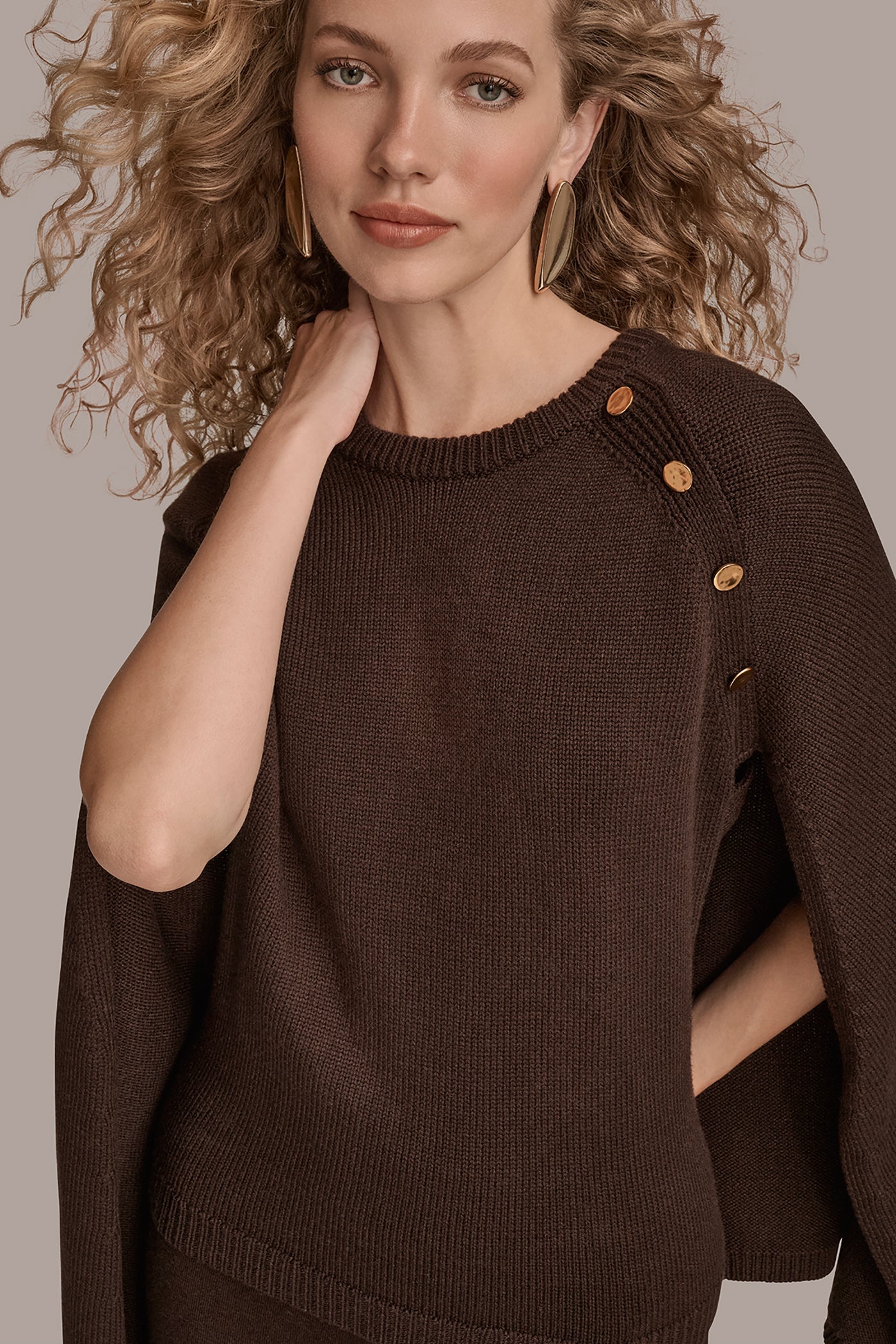 CHOCOLATE PLUM CAPE-EFFECT BUTTON SWEATER Donna Karan