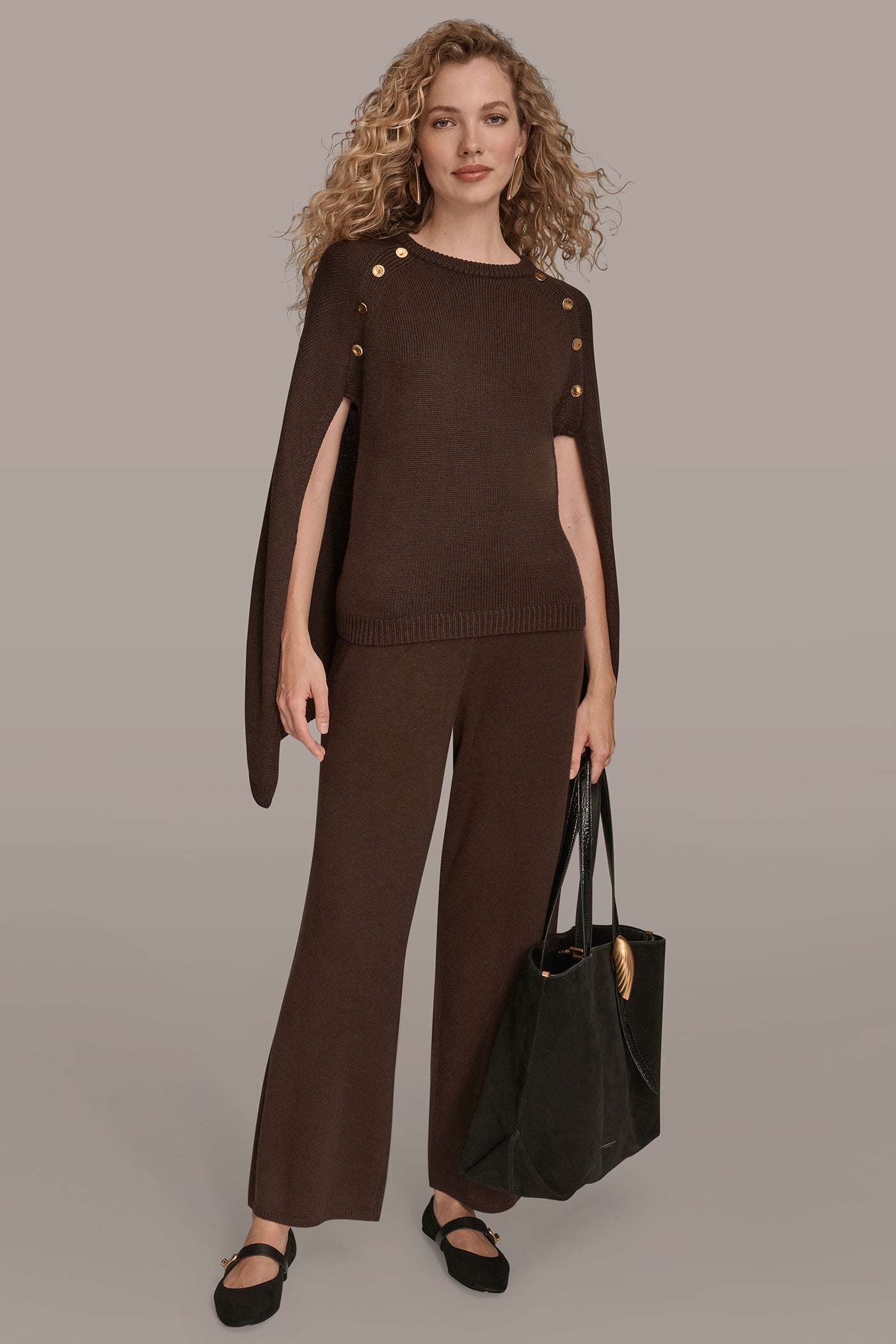 CHOCOLATE PLUM CAPE-EFFECT BUTTON SWEATER Donna Karan
