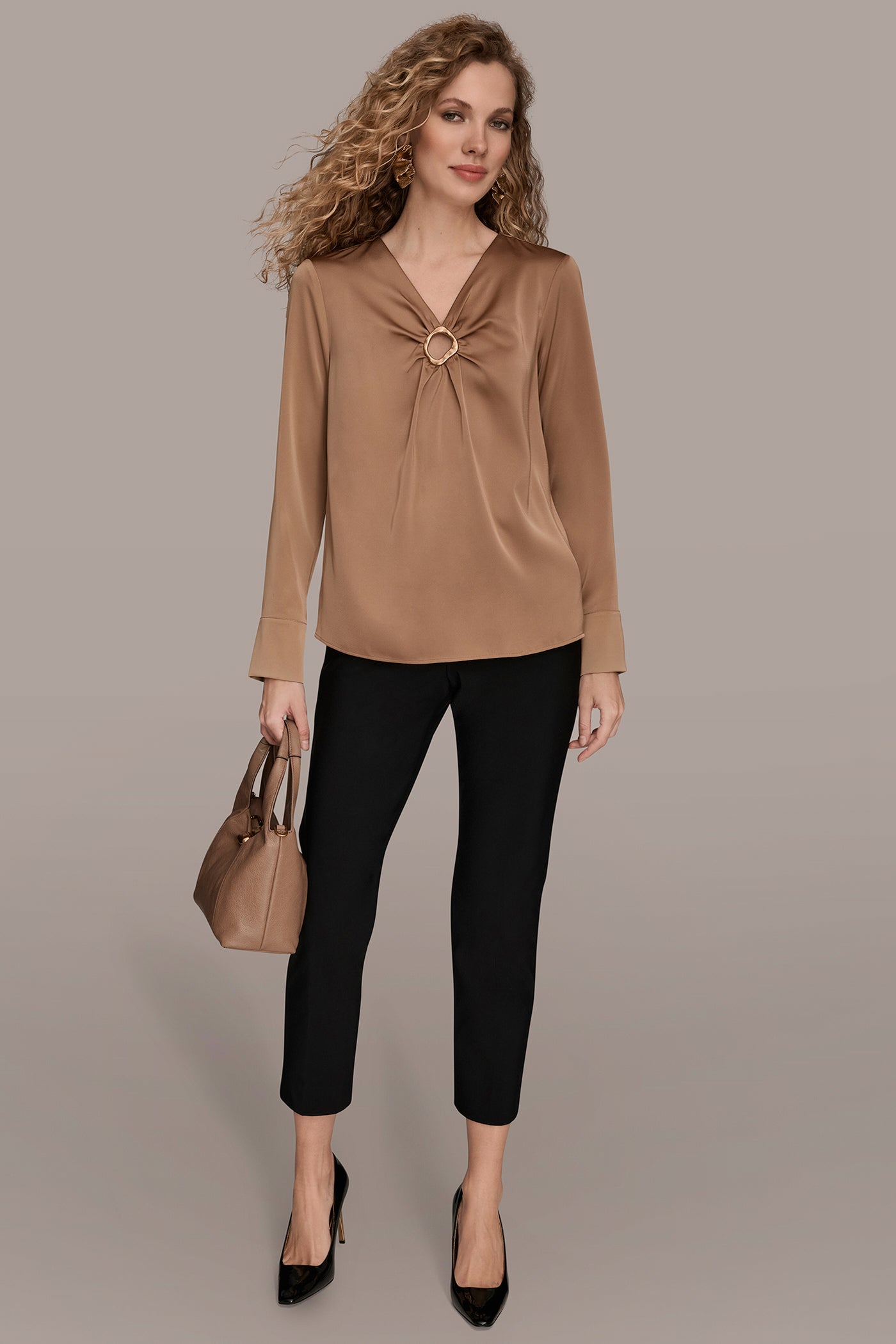 Fawn LONG SLEEVE RING V-NECK BLOUSE Donna Karan