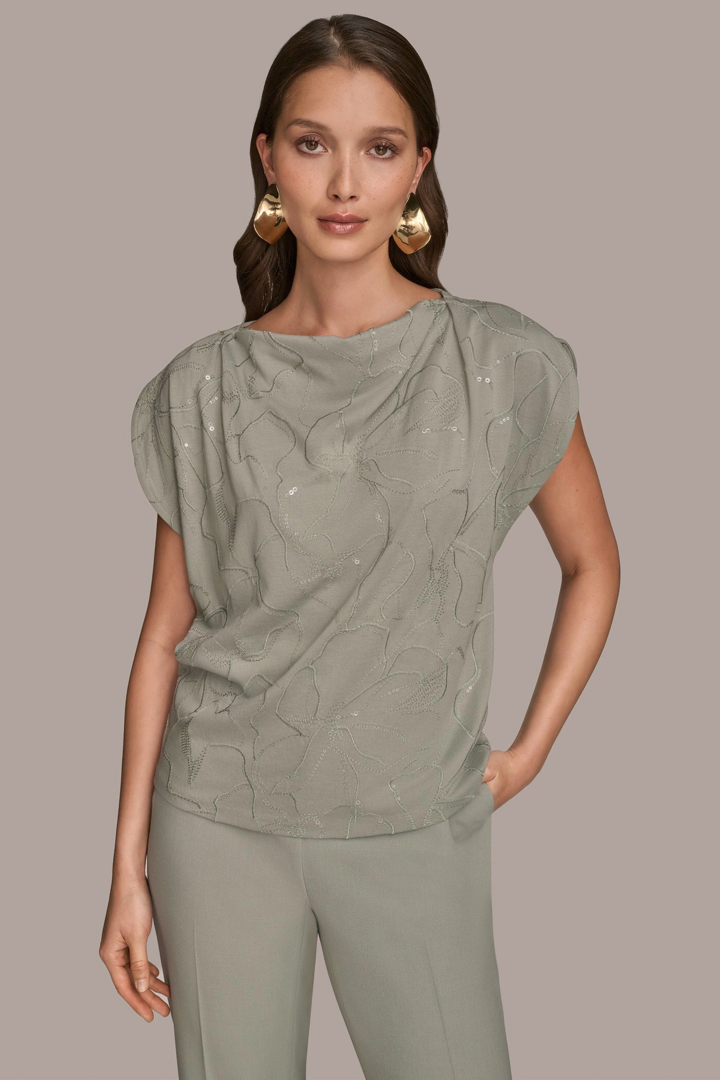WEATHERED SAGE SHORT SLEEVE COWL-NECK SEQUIN TOP Donna Karan