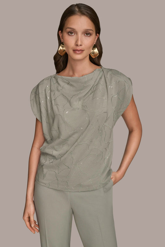 WEATHERED SAGE SHORT SLEEVE COWL-NECK SEQUIN TOP Donna Karan
