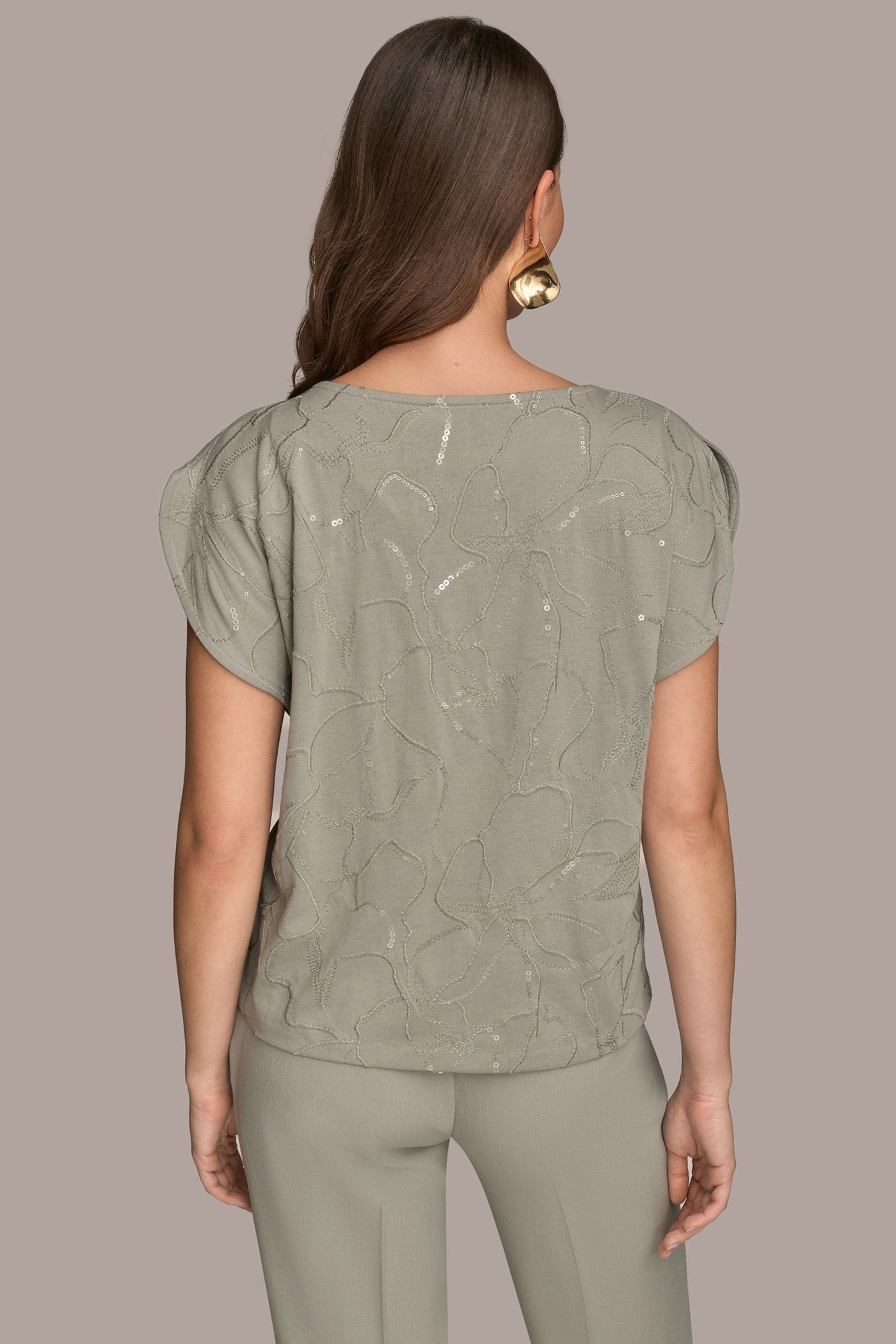 WEATHERED SAGE SHORT SLEEVE COWL-NECK SEQUIN TOP Donna Karan