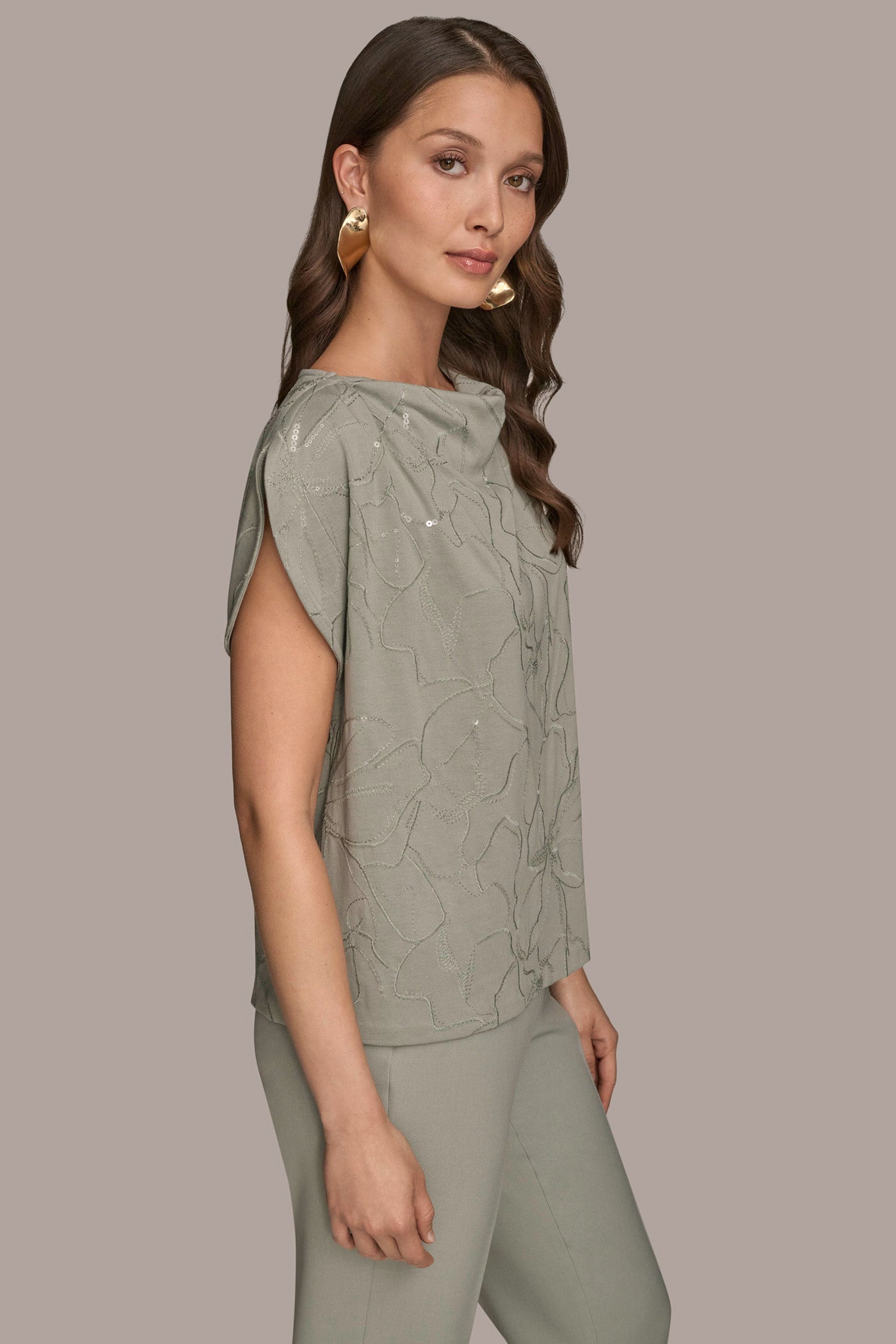 WEATHERED SAGE SHORT SLEEVE COWL-NECK SEQUIN TOP Donna Karan