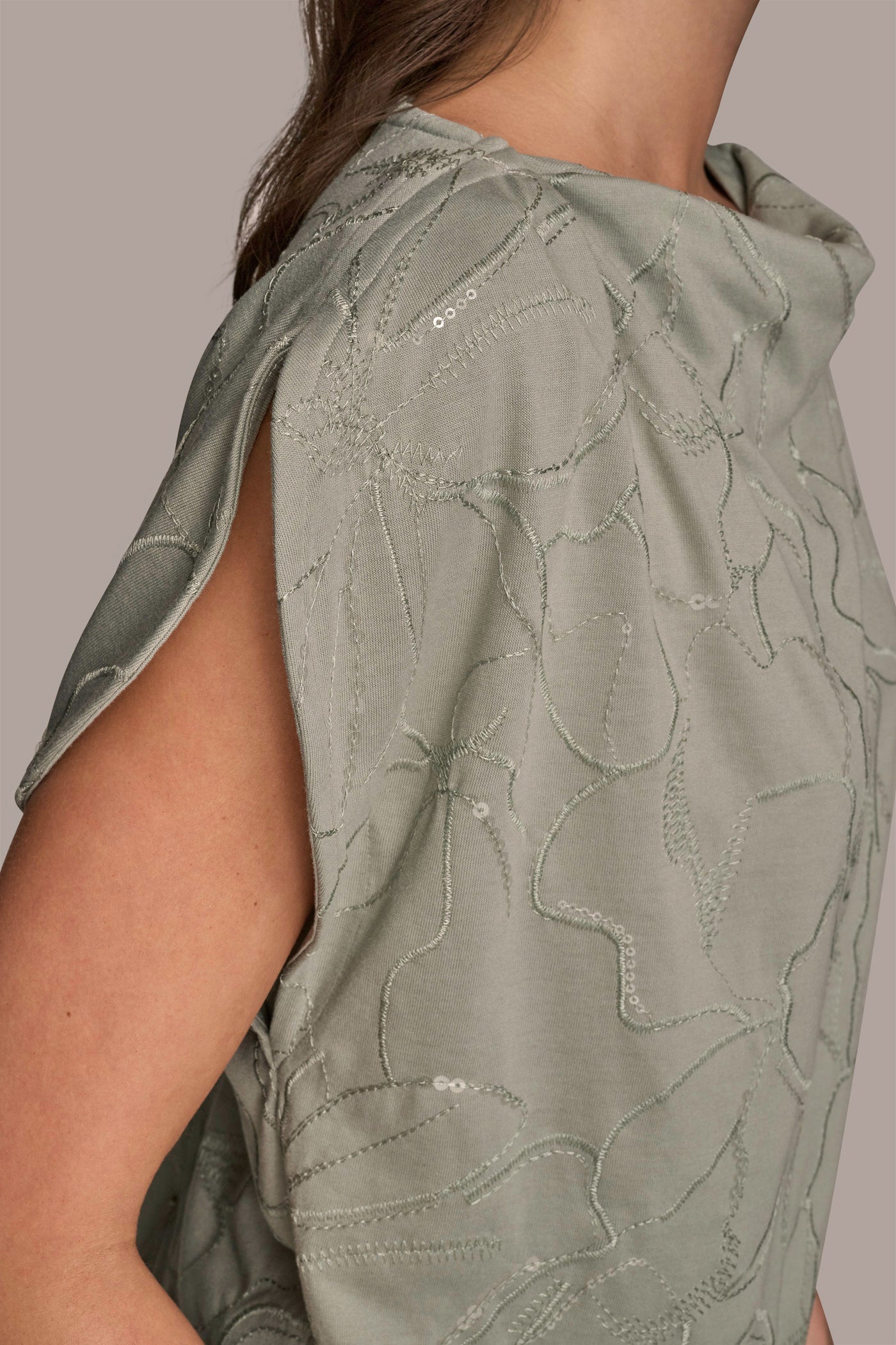 WEATHERED SAGE SHORT SLEEVE COWL-NECK SEQUIN TOP Donna Karan