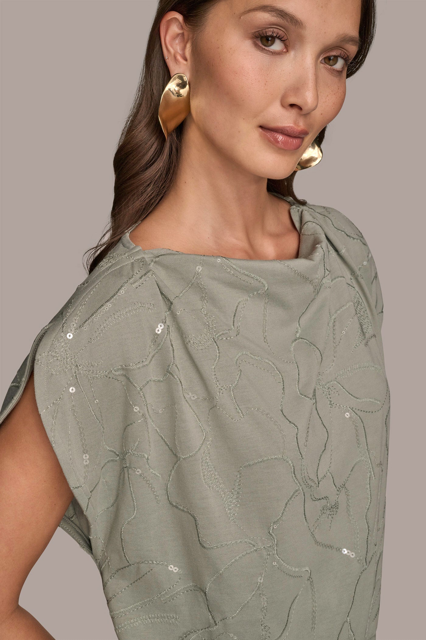 WEATHERED SAGE SHORT SLEEVE COWL-NECK SEQUIN TOP Donna Karan