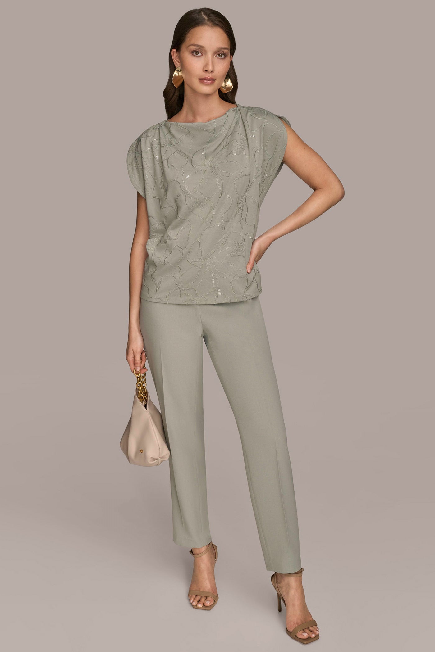 WEATHERED SAGE SHORT SLEEVE COWL-NECK SEQUIN TOP Donna Karan