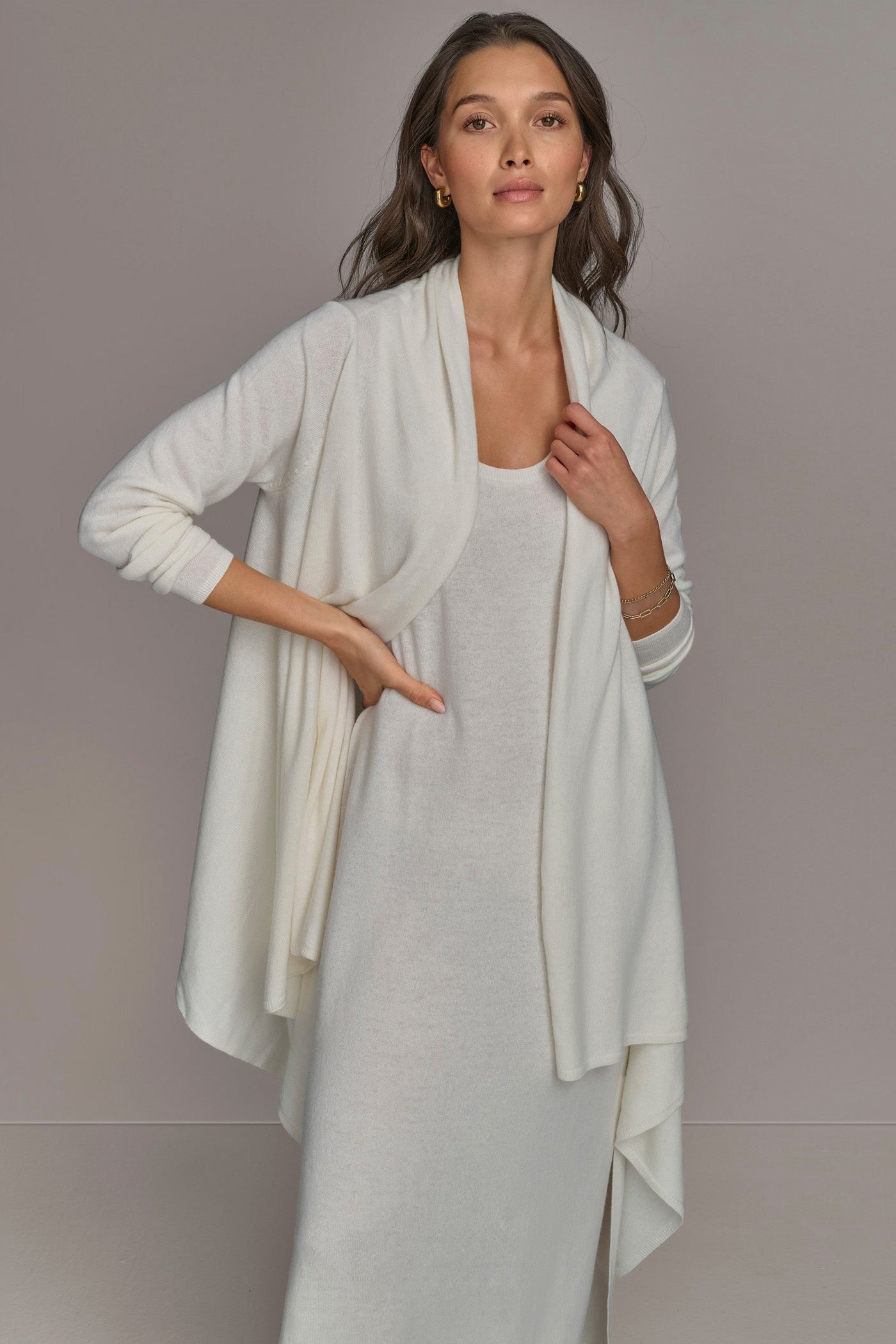Cream CASHMERE LONG SLEEVE CARDIGAN Donna Karan