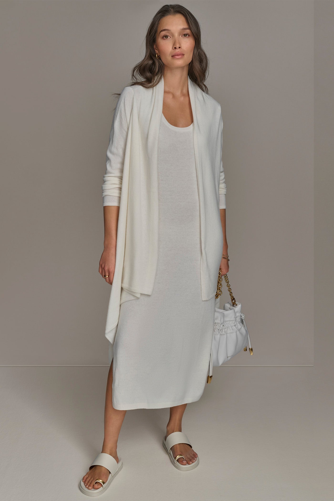 Cream CASHMERE LONG SLEEVE CARDIGAN Donna Karan
