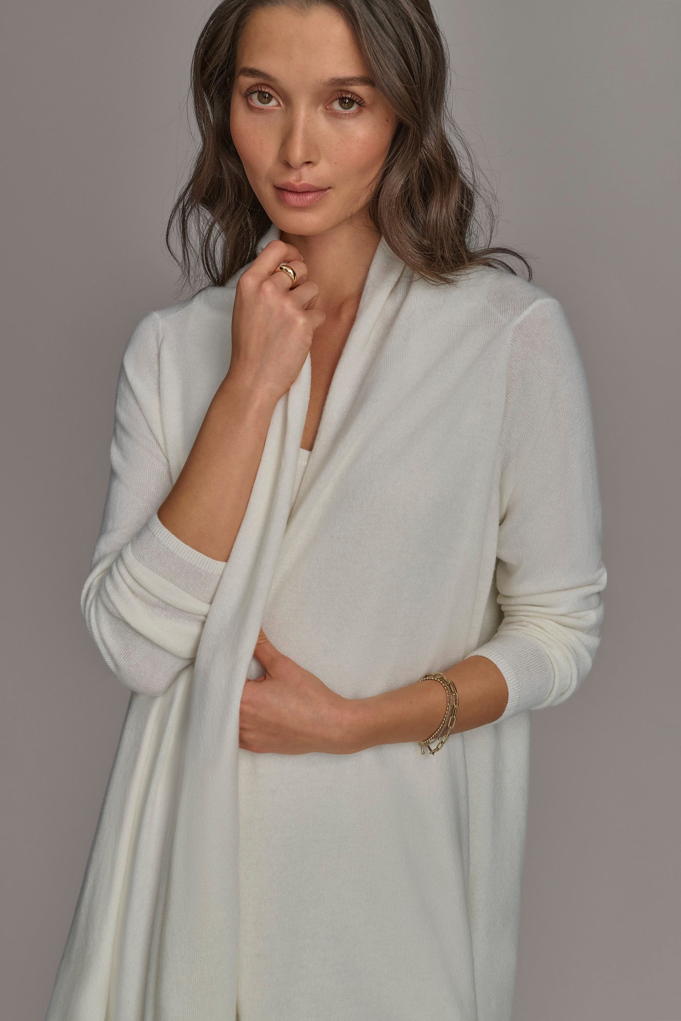 Cream CASHMERE LONG SLEEVE CARDIGAN Donna Karan