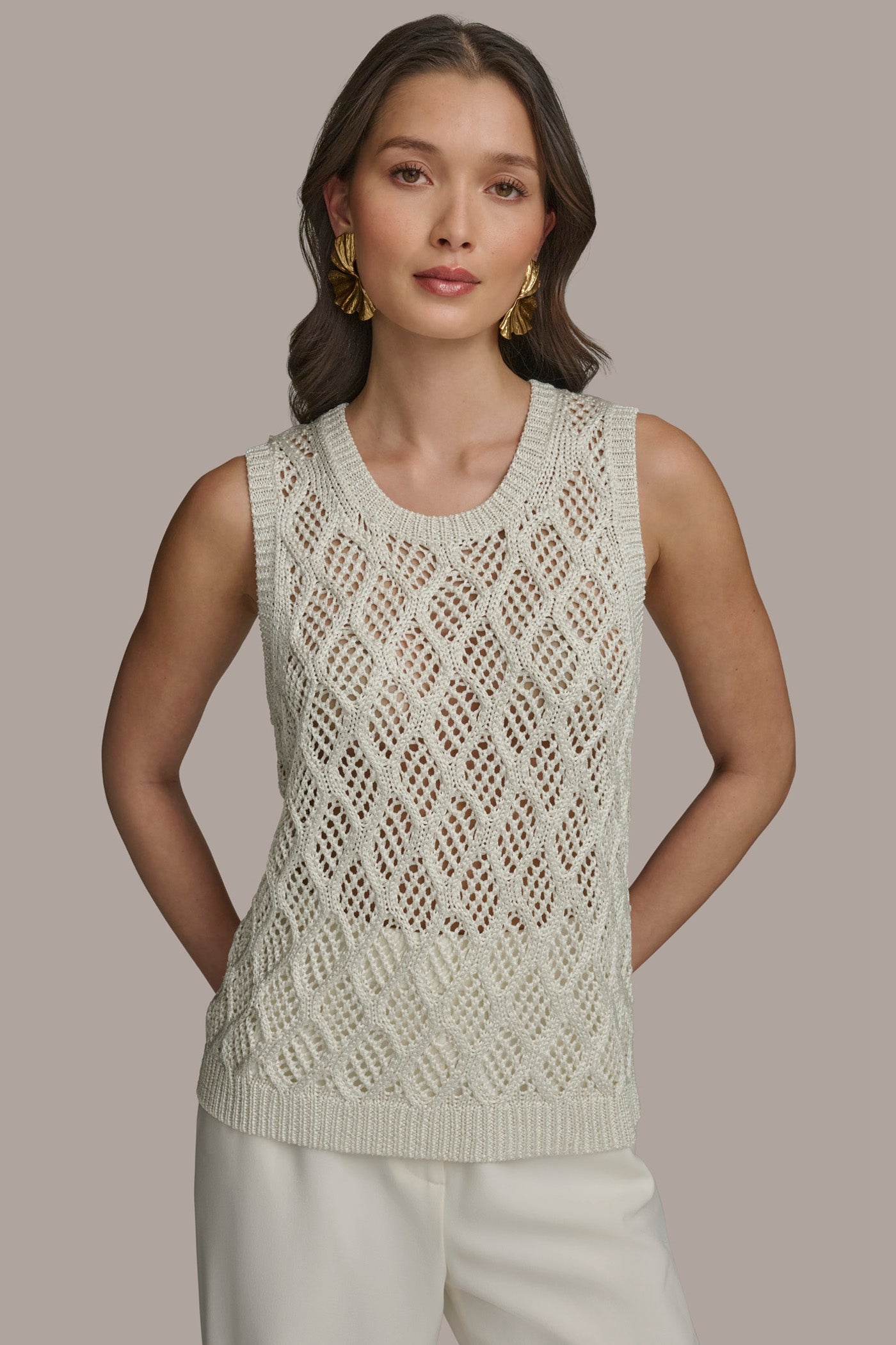 cream DIAMOND PATTERN CREW NECK TOP Donna Karan