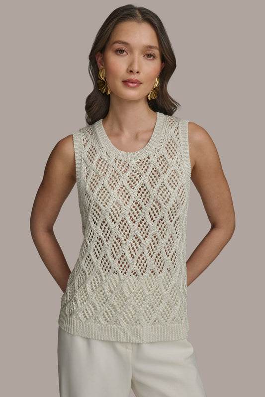 cream DIAMOND PATTERN CREW NECK TOP Donna Karan