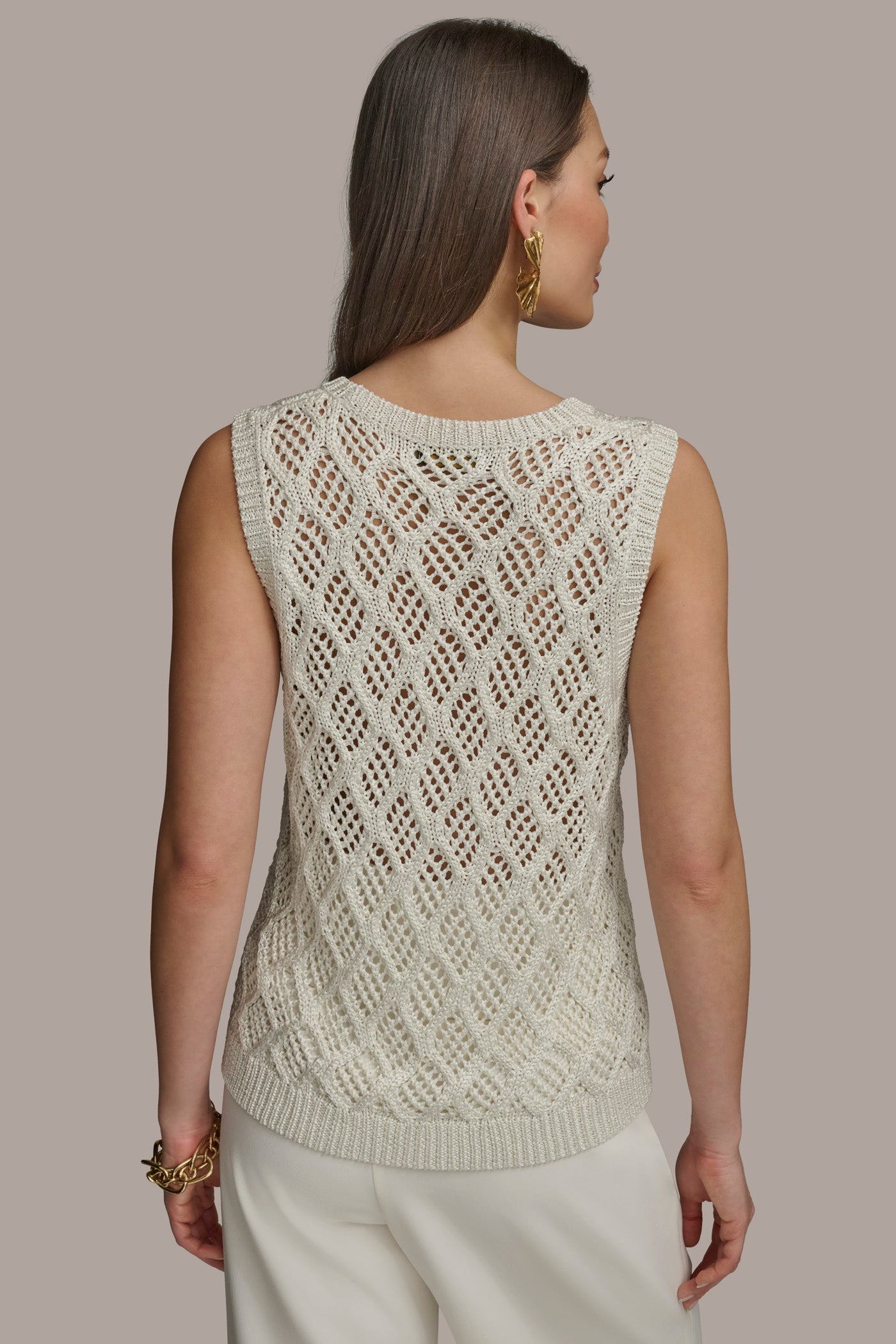 cream DIAMOND PATTERN CREW NECK TOP Donna Karan