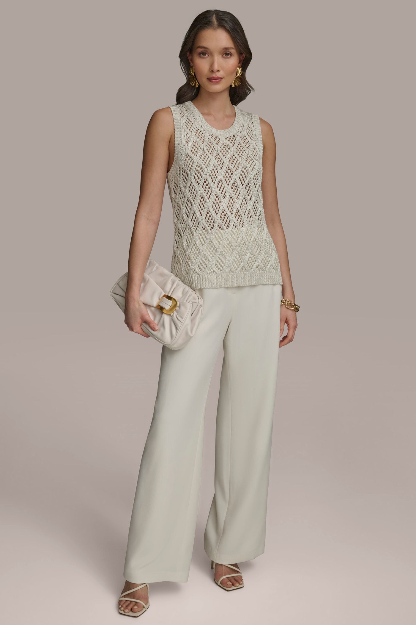 cream DIAMOND PATTERN CREW NECK TOP Donna Karan