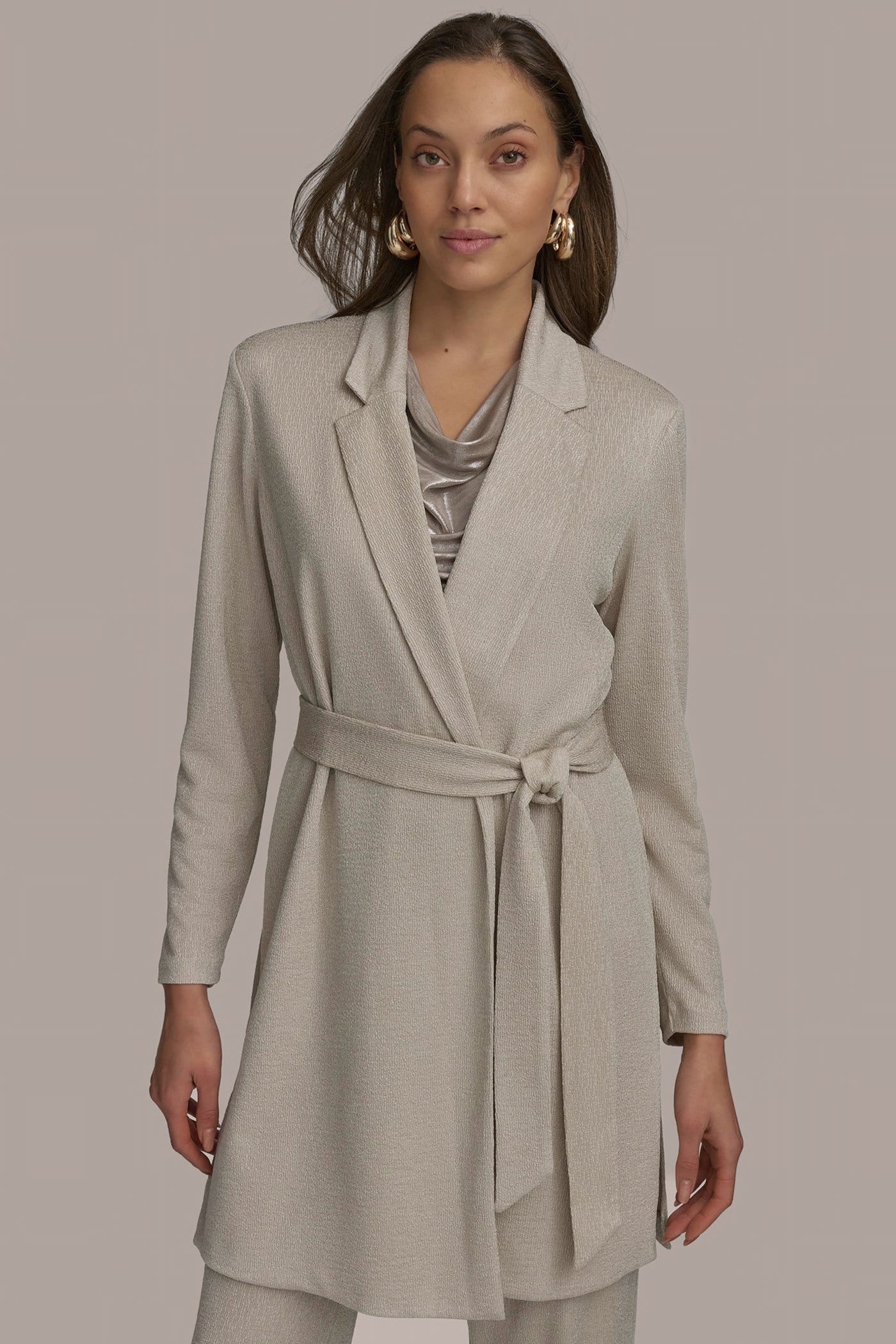 Grey BELTED KNIT JACKET Donna Karan