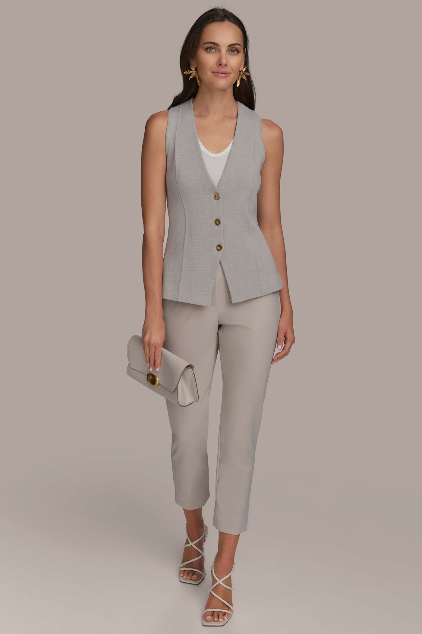CLAY SLEEVELESS BUTTON UP SWEATER VEST Donna Karan