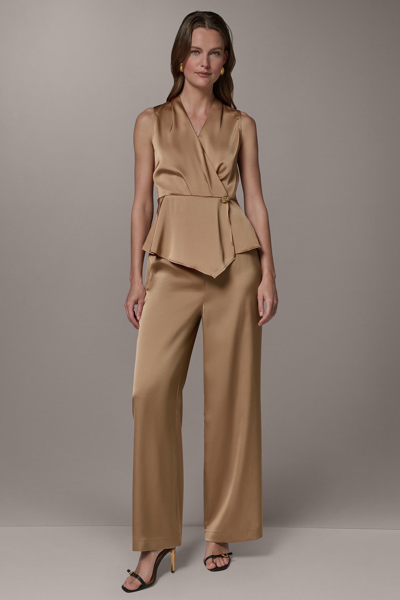 Fawn SLEEVELESS WRAP-EFFECT ASYMMETRIC PEPLUM BLOUSE Donna Karan