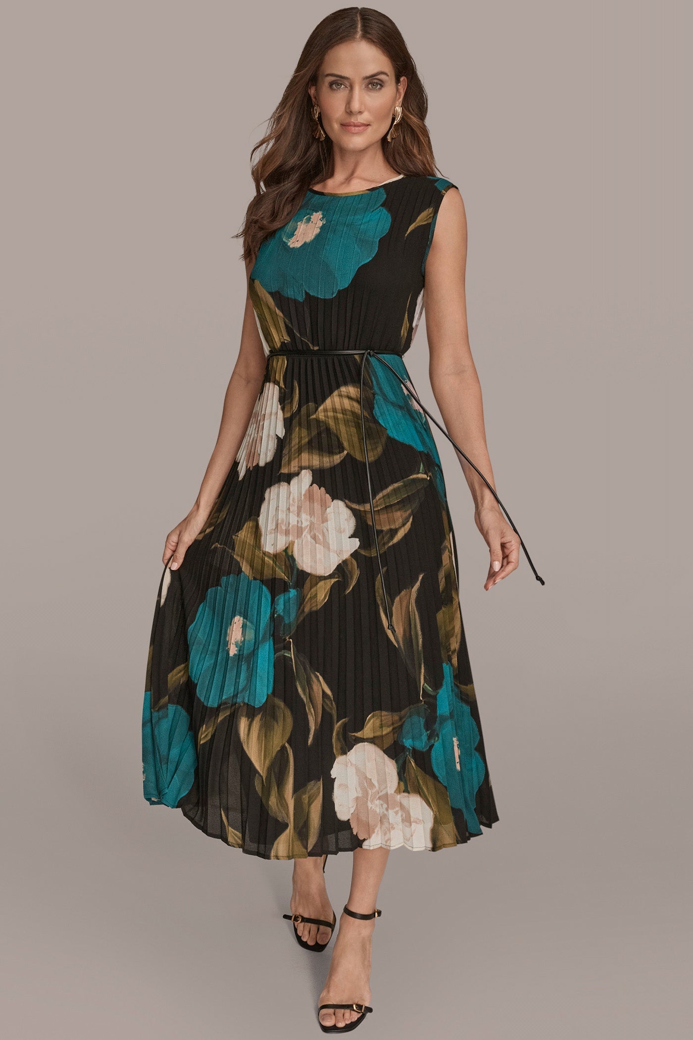 MIDNIGHT GREEN MULTI CHIFFON FLORAL PLEATED MAXI DRESS Donna Karan