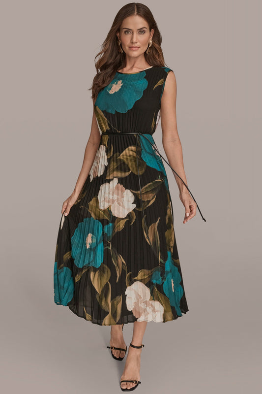 MIDNIGHT GREEN MULTI CHIFFON FLORAL PLEATED MAXI DRESS Donna Karan
