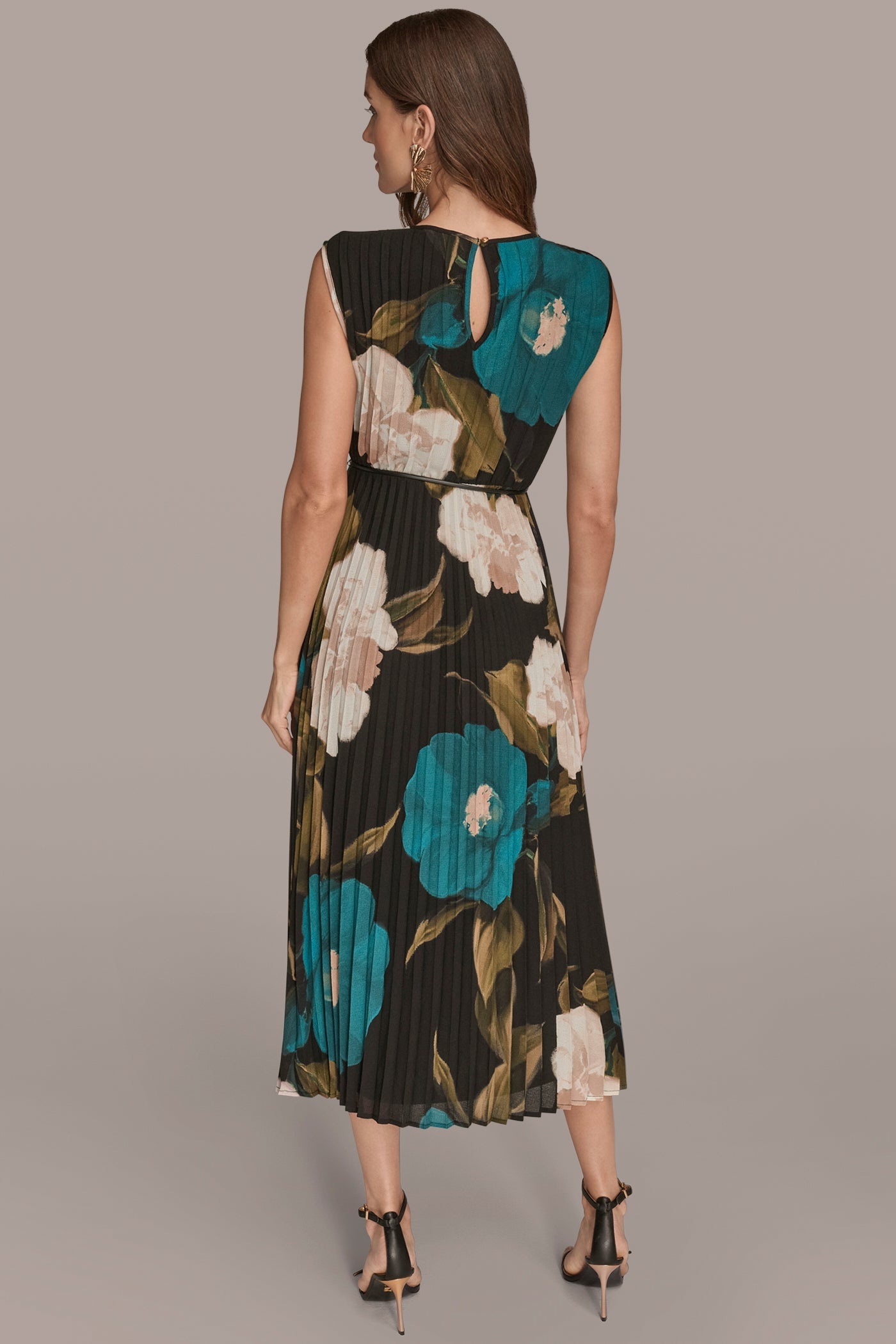 MIDNIGHT GREEN MULTI CHIFFON FLORAL PLEATED MAXI DRESS Donna Karan