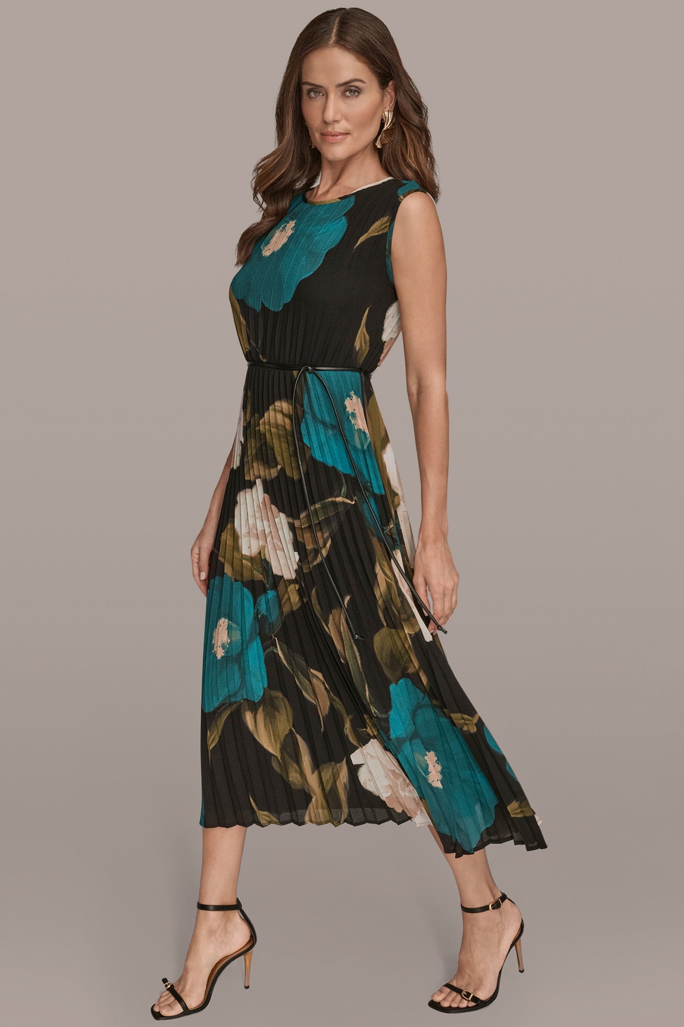 MIDNIGHT GREEN MULTI CHIFFON FLORAL PLEATED MAXI DRESS Donna Karan