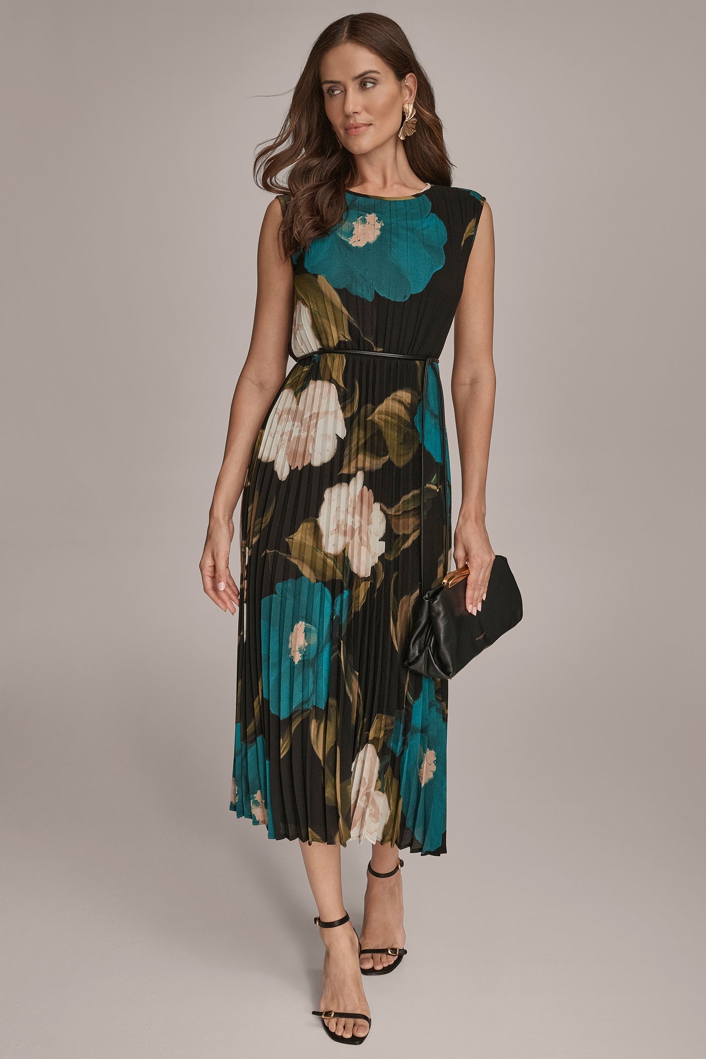 MIDNIGHT GREEN MULTI CHIFFON FLORAL PLEATED MAXI DRESS Donna Karan