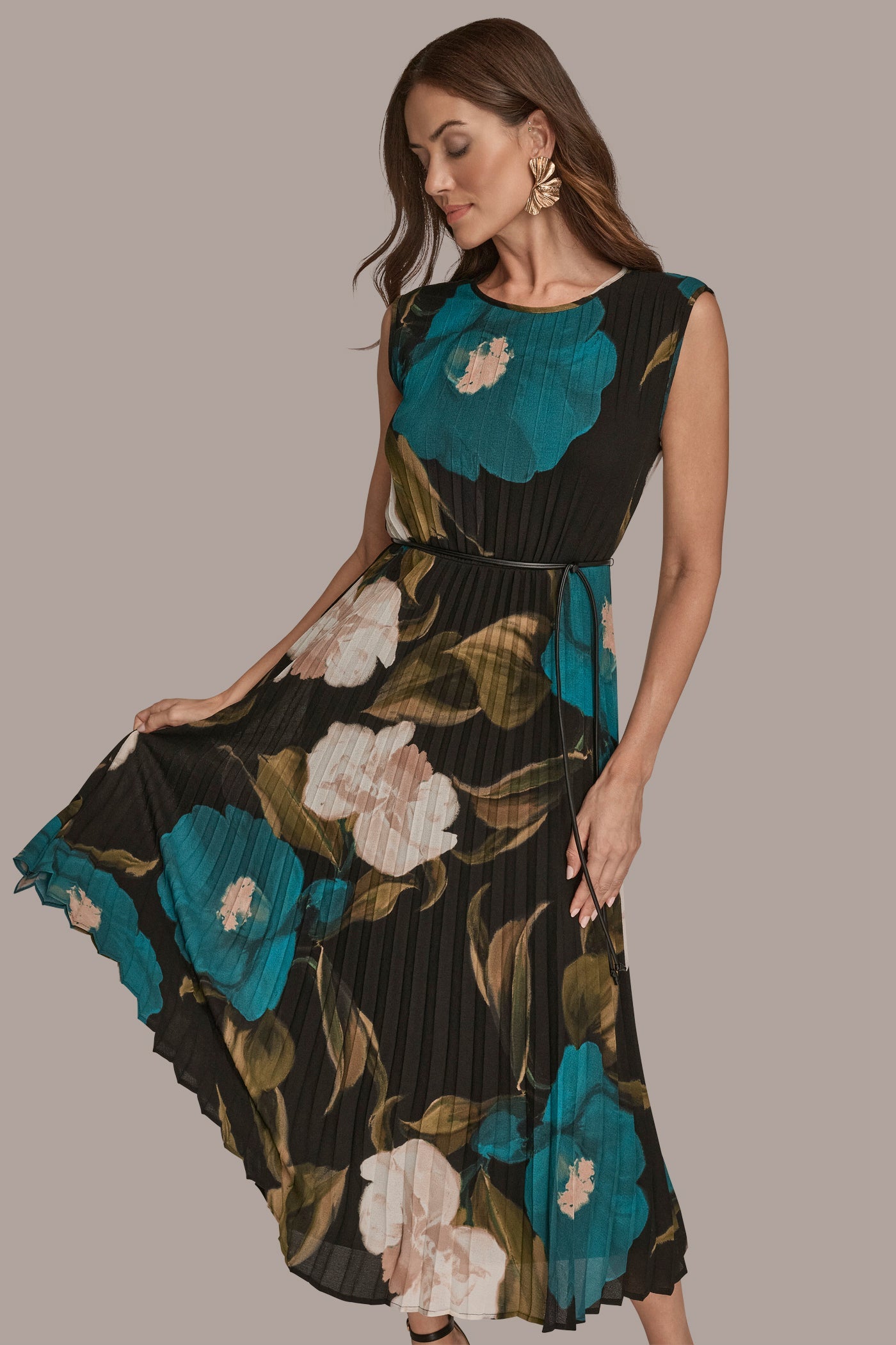 MIDNIGHT GREEN MULTI CHIFFON FLORAL PLEATED MAXI DRESS Donna Karan