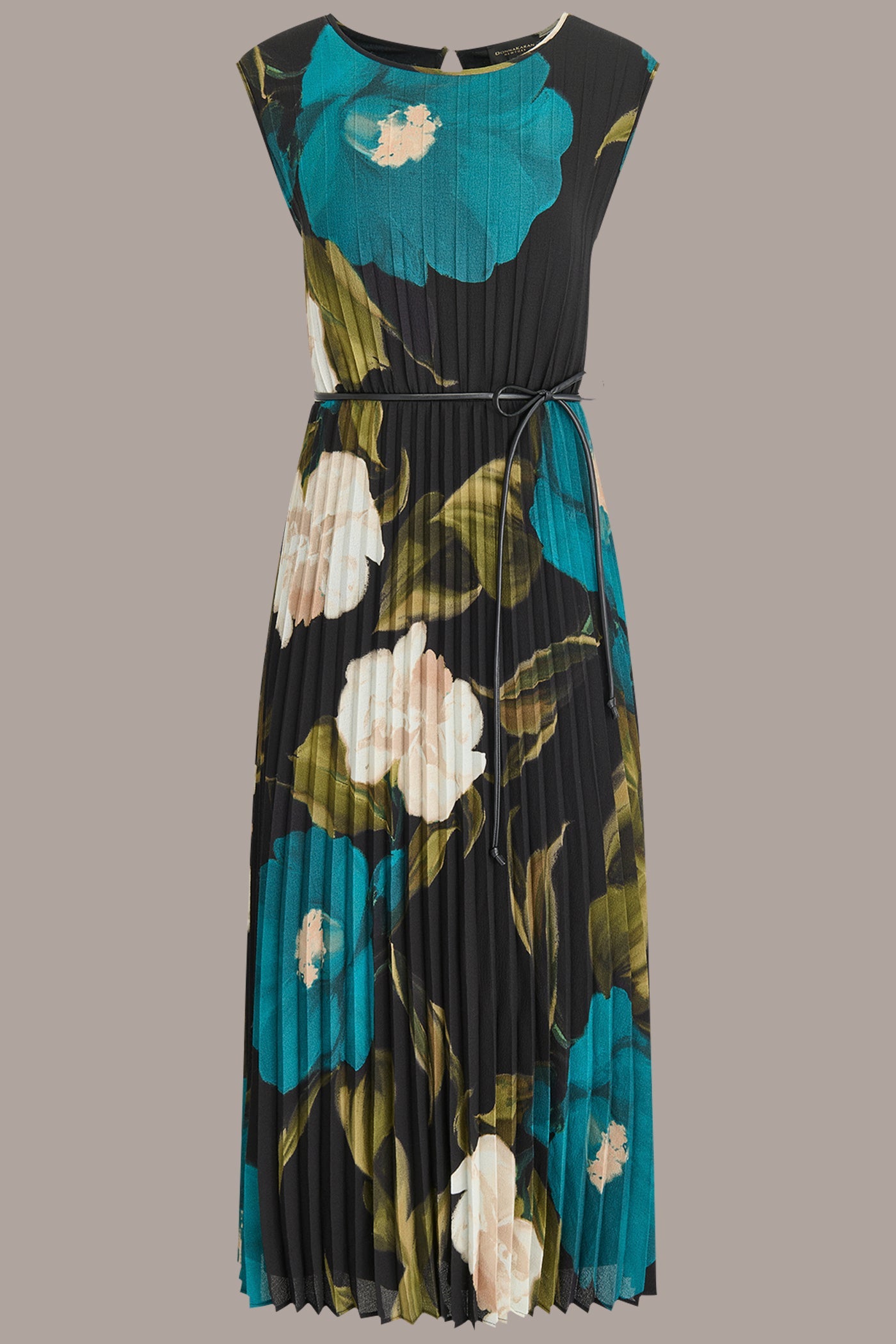 MIDNIGHT GREEN MULTI CHIFFON FLORAL PLEATED MAXI DRESS Donna Karan