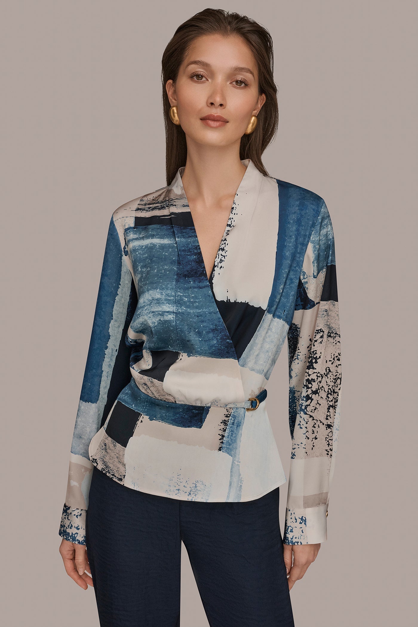 Washed Indigo/Cream Multi FAUX WRAP BLOUSE Donna Karan