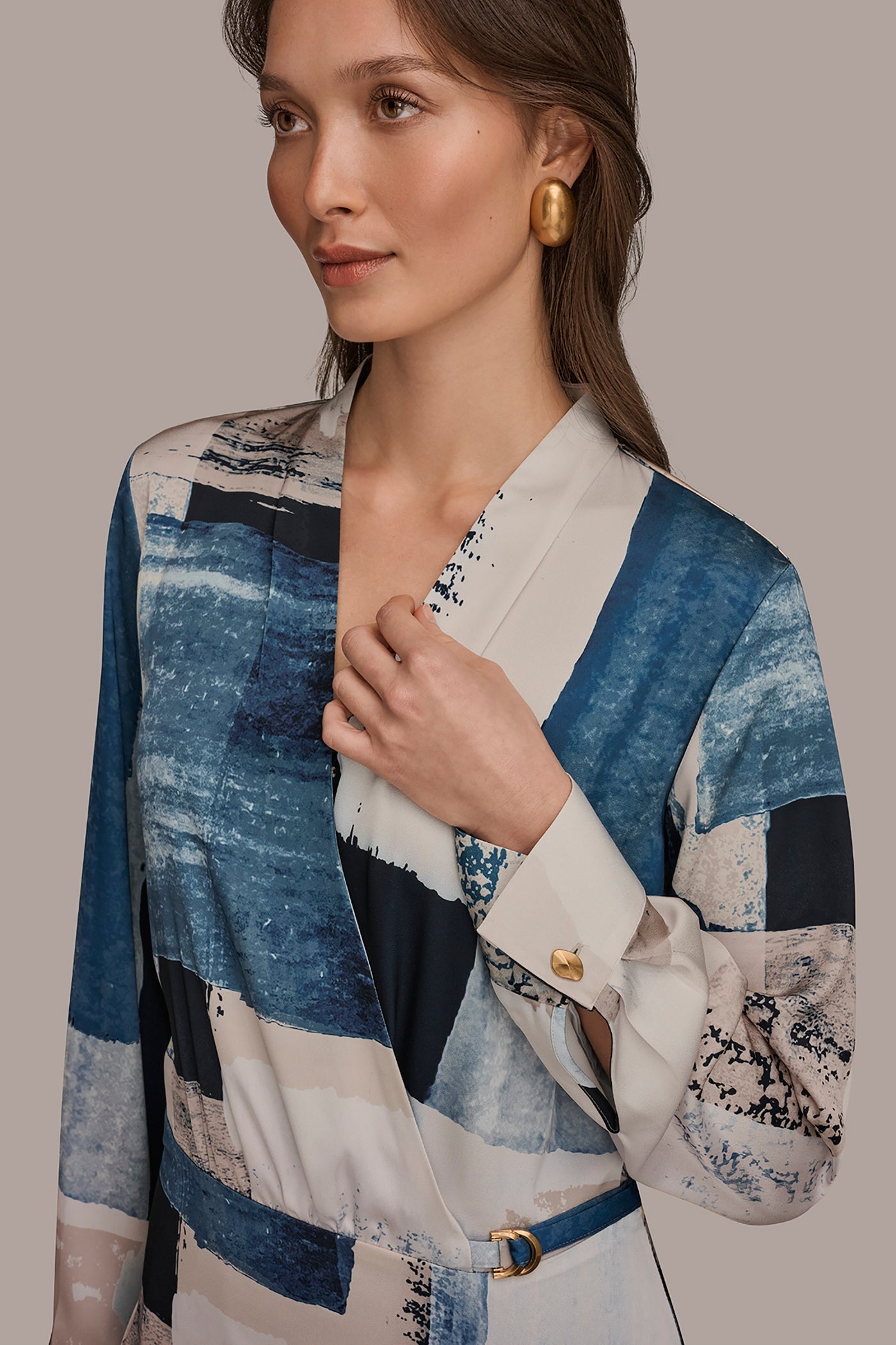 Washed Indigo/Cream Multi FAUX WRAP BLOUSE Donna Karan