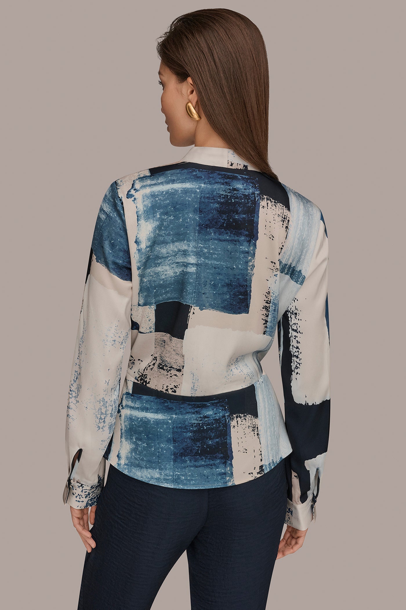 Washed Indigo/Cream Multi FAUX WRAP BLOUSE Donna Karan