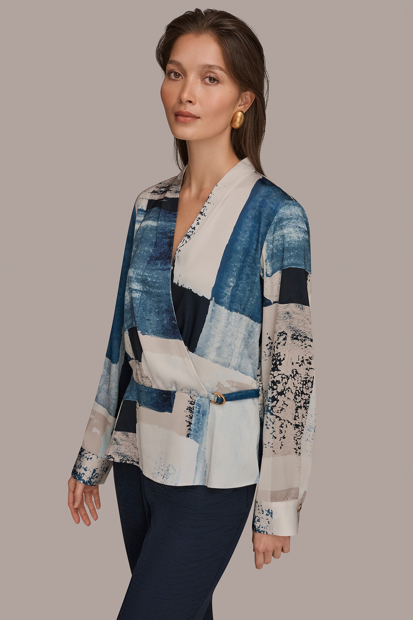Washed Indigo/Cream Multi FAUX WRAP BLOUSE Donna Karan