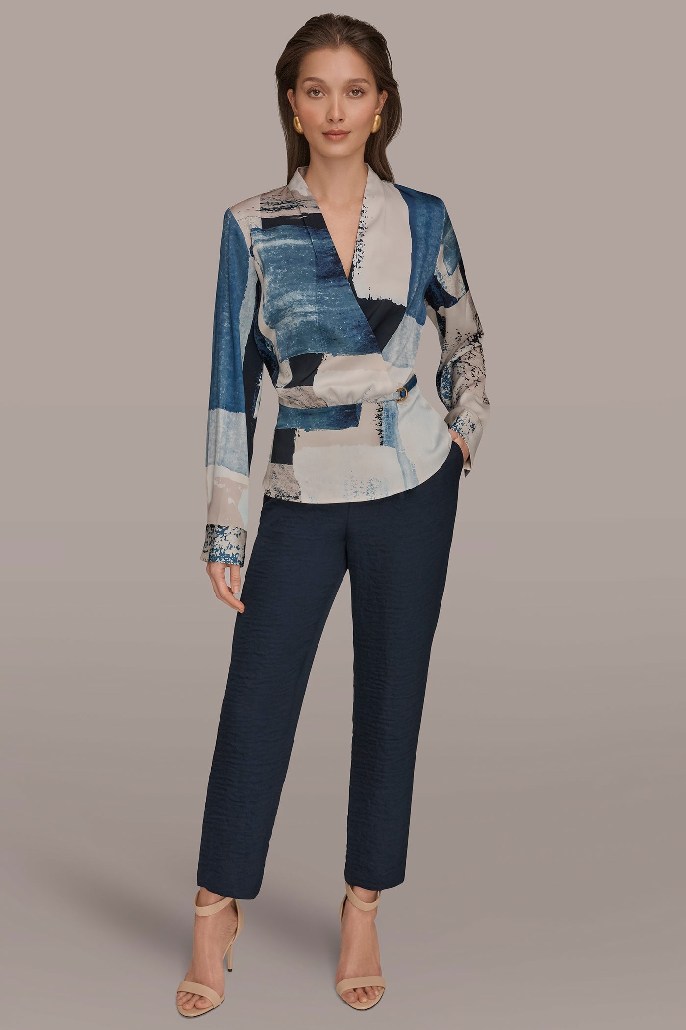 Washed Indigo/Cream Multi FAUX WRAP BLOUSE Donna Karan