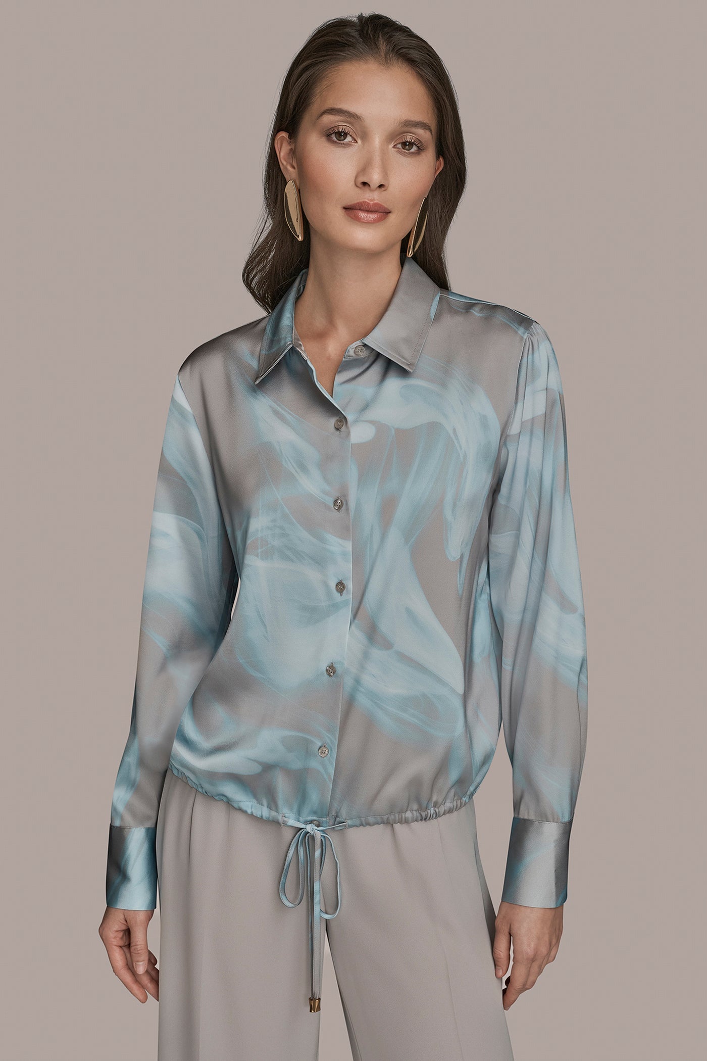 Misty Haze LONG-SLEEVE PRINTED DRAWSTRING BLOUSE Donna Karan